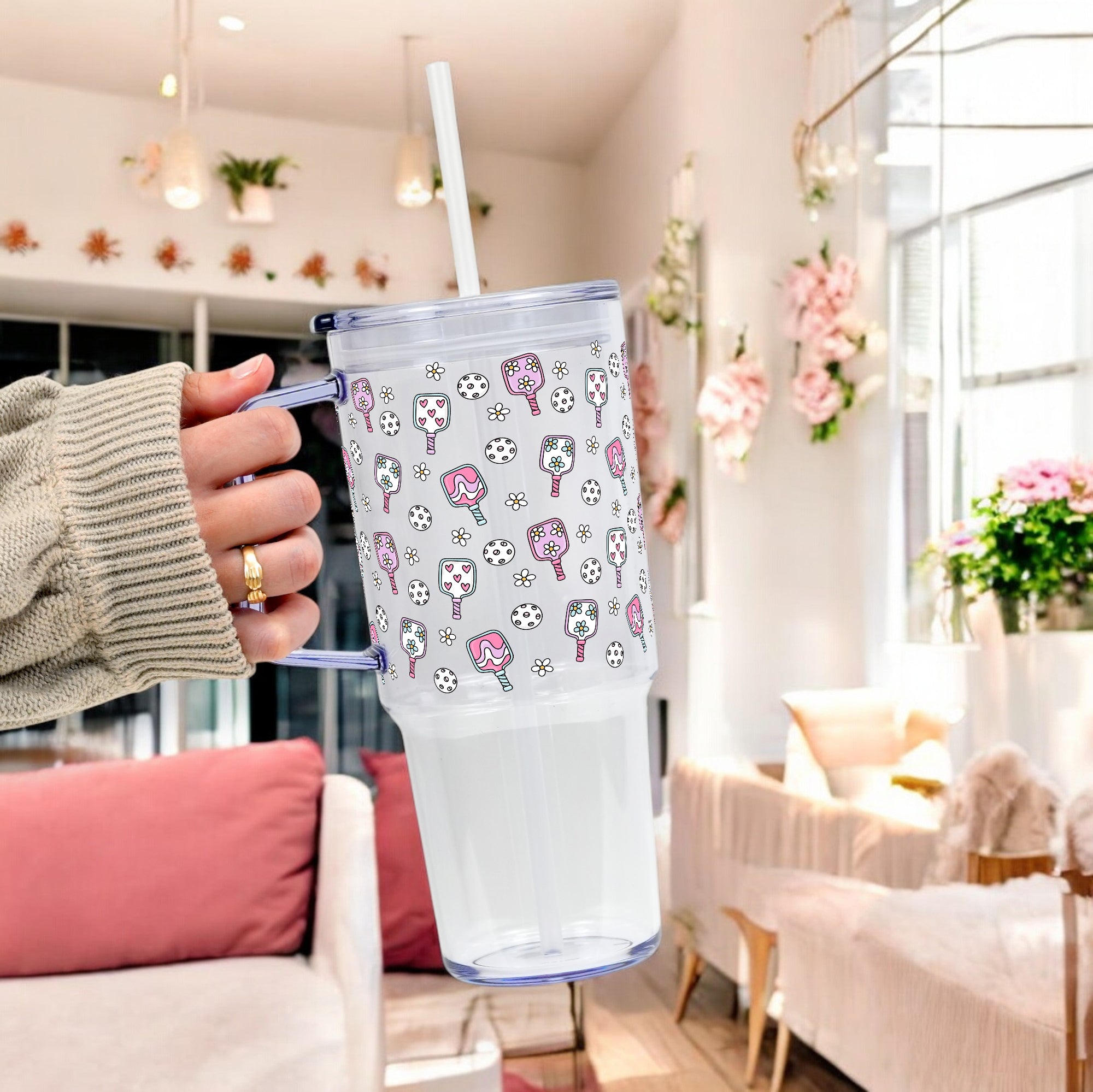 Floral Pickleball Glass Cup, Mug & Tumbler with Lid and Straw