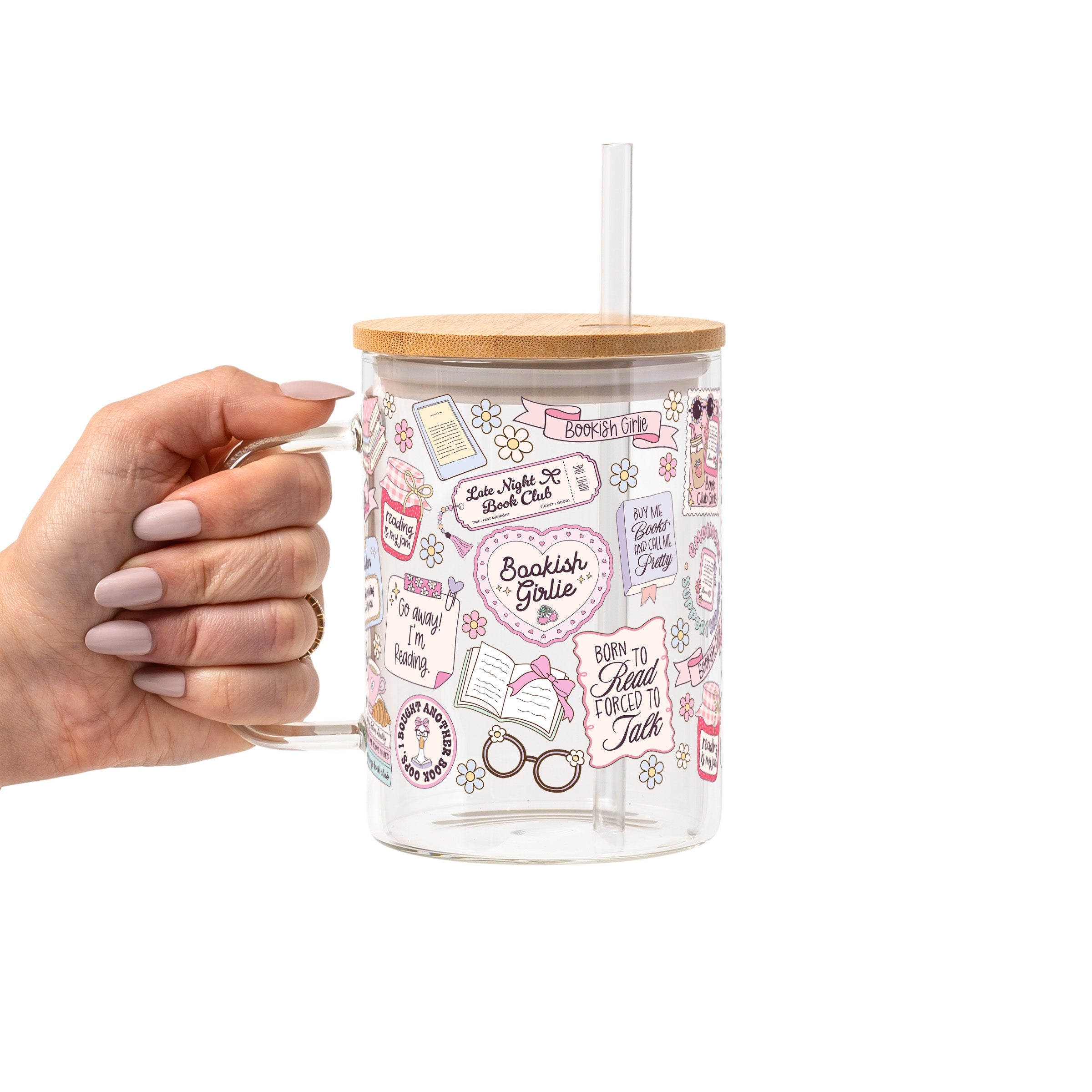 Bookish Girly Glass Cup, Mug & Tumbler with Lid and Straw
