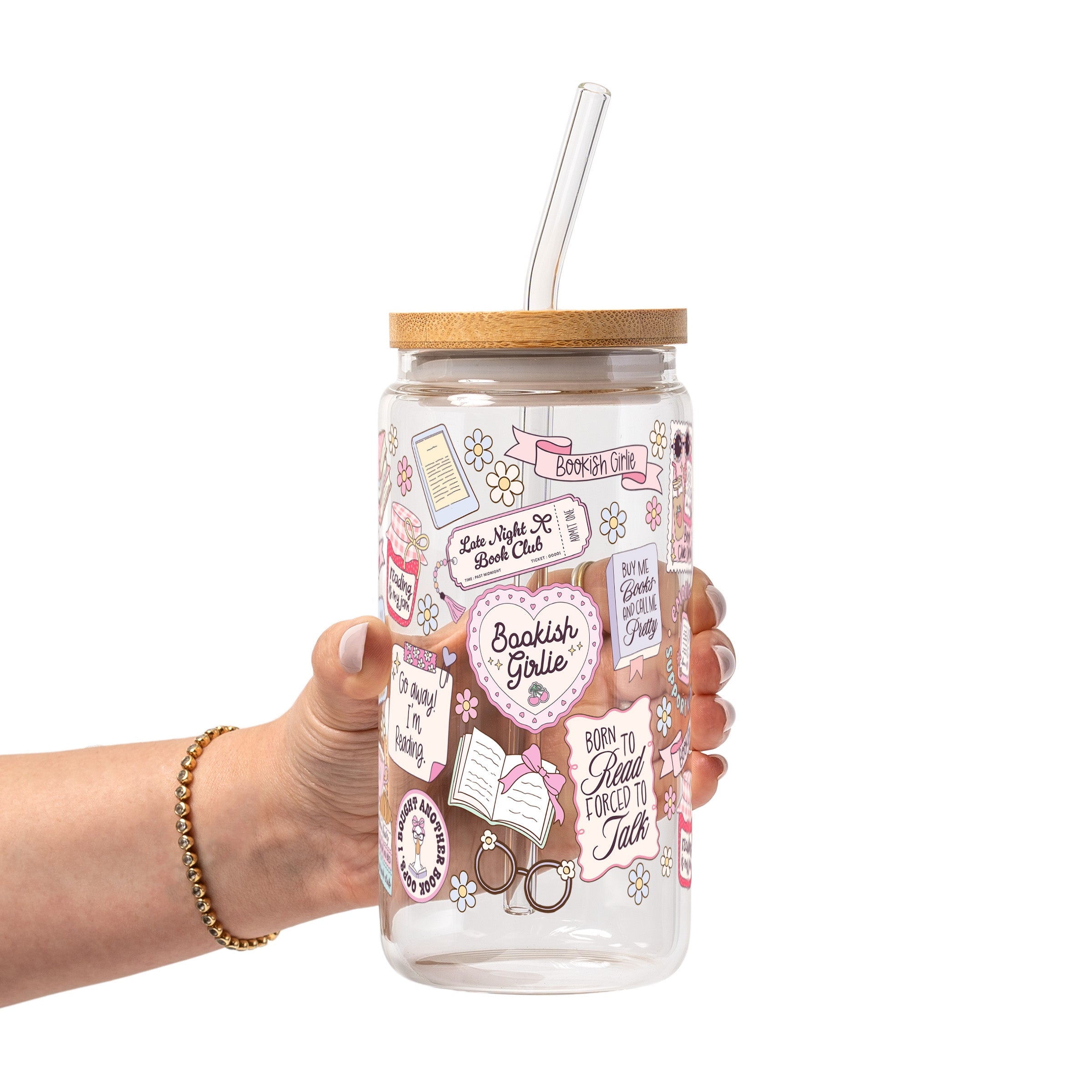 Bookish Girly Glass Cup, Mug & Tumbler with Lid and Straw