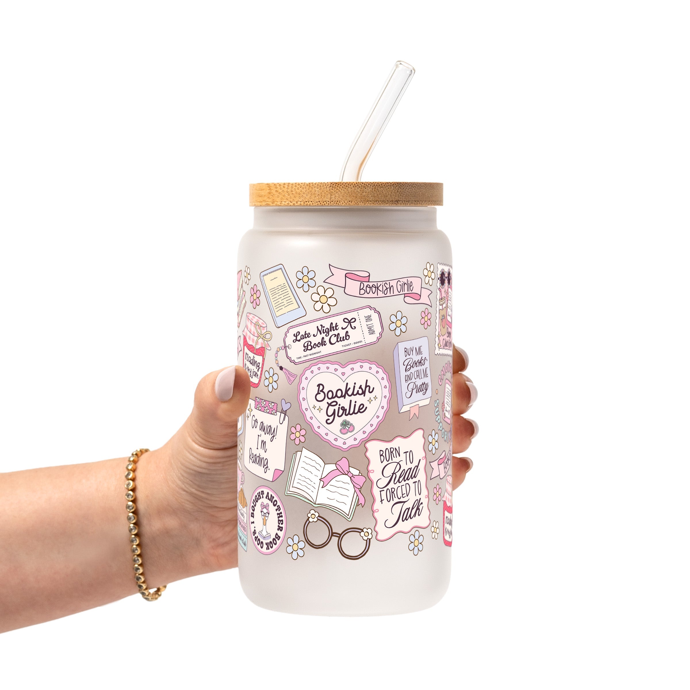 Bookish Girly Glass Cup, Mug & Tumbler with Lid and Straw
