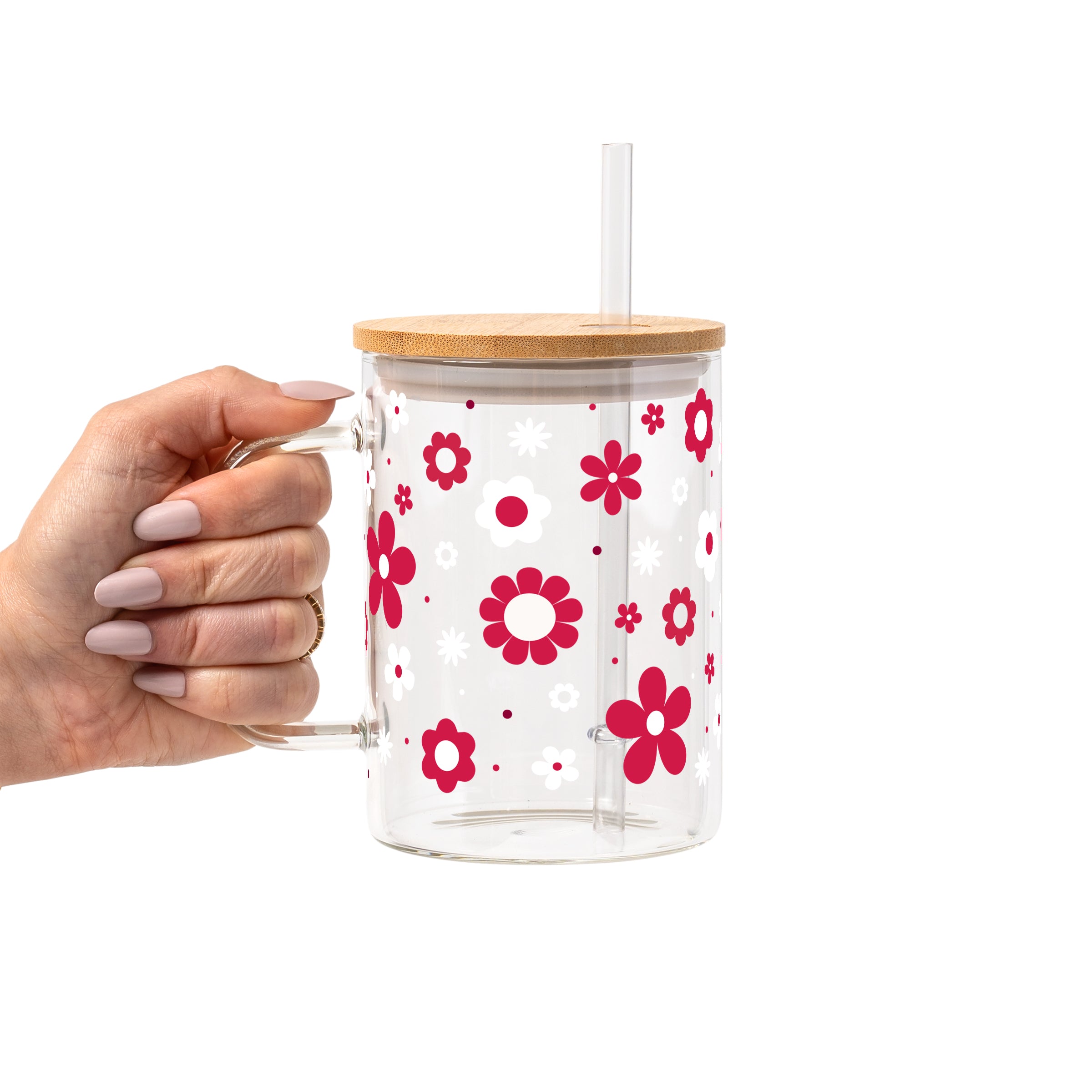 Red Daisy Glass Cup, Mug & Tumbler with Lid and Straw