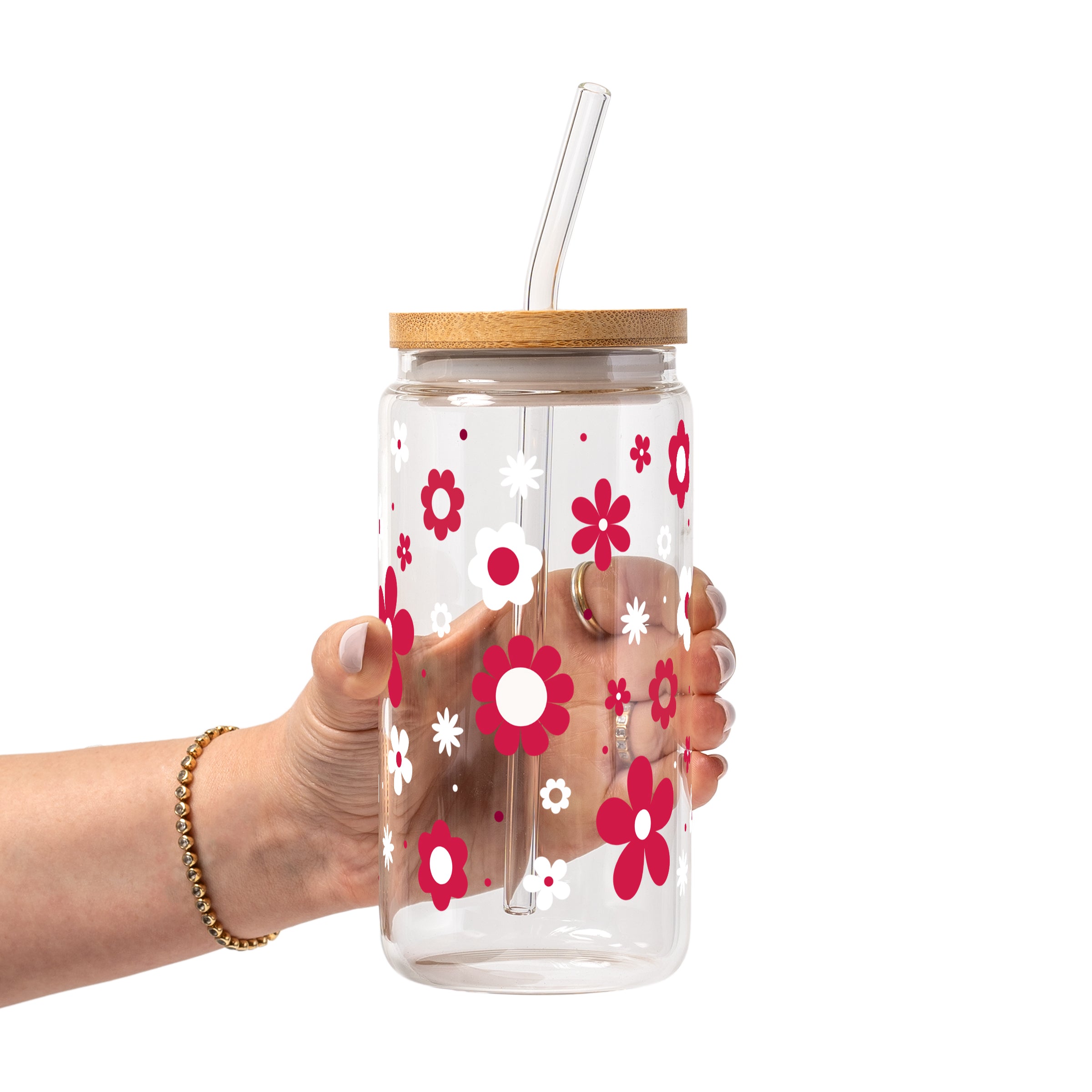 Red Daisy Glass Cup, Mug & Tumbler with Lid and Straw