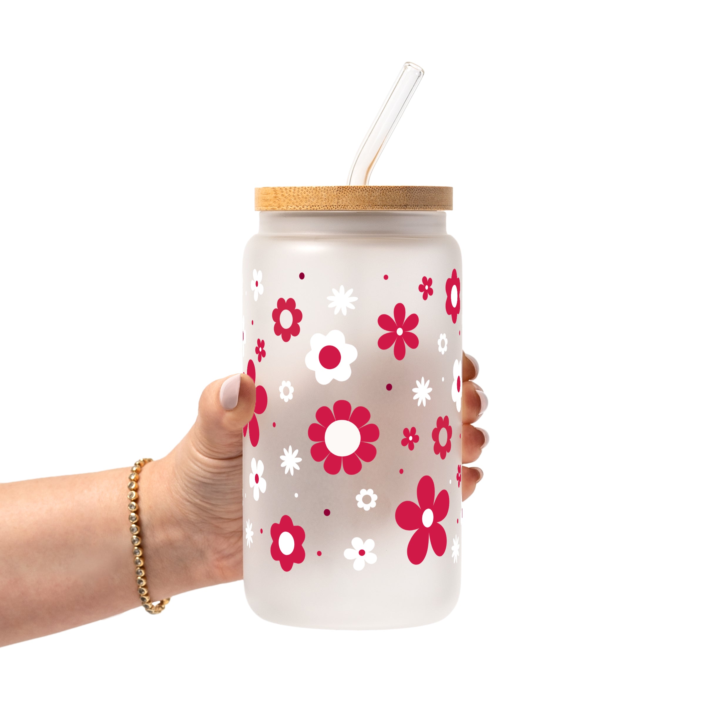 Red Daisy Glass Cup, Mug & Tumbler with Lid and Straw
