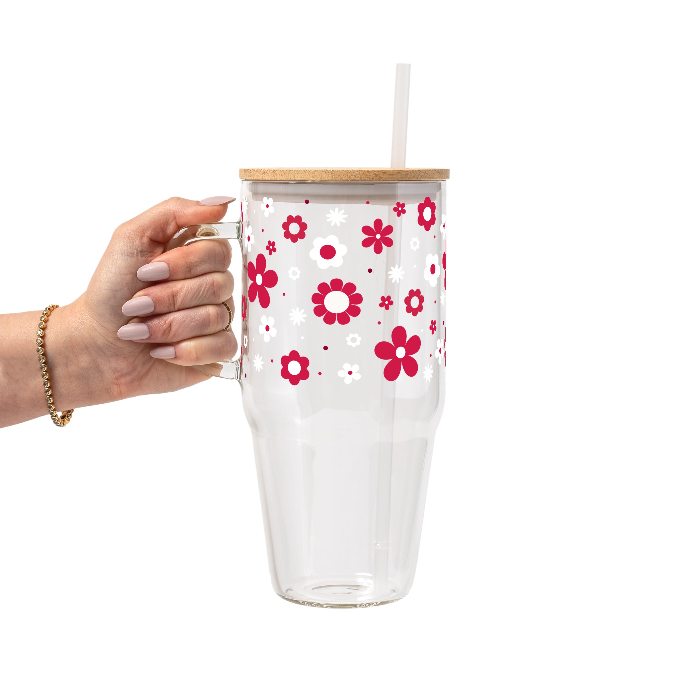 Red Daisy Glass Cup, Mug & Tumbler with Lid and Straw
