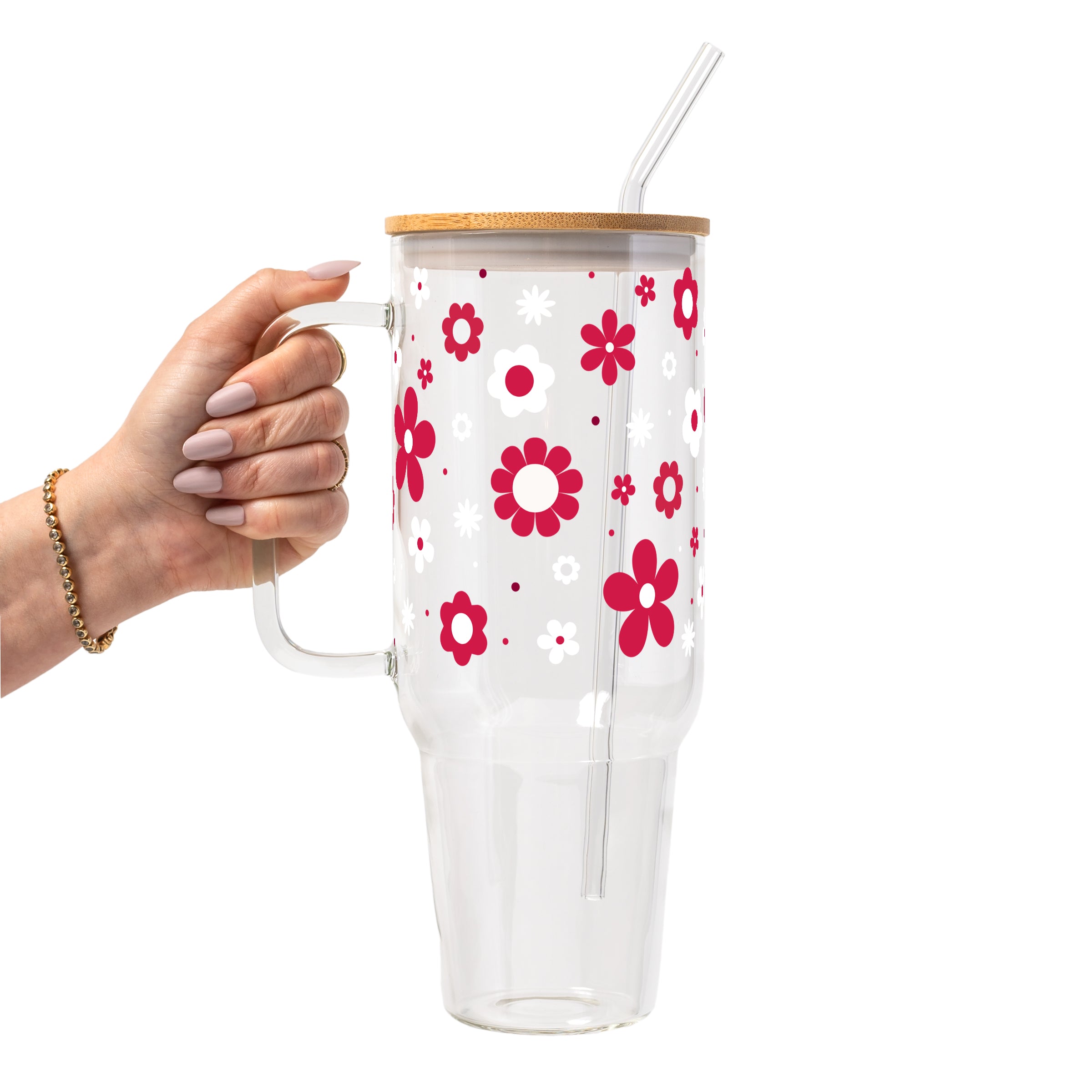 Red Daisy Glass Cup, Mug & Tumbler with Lid and Straw