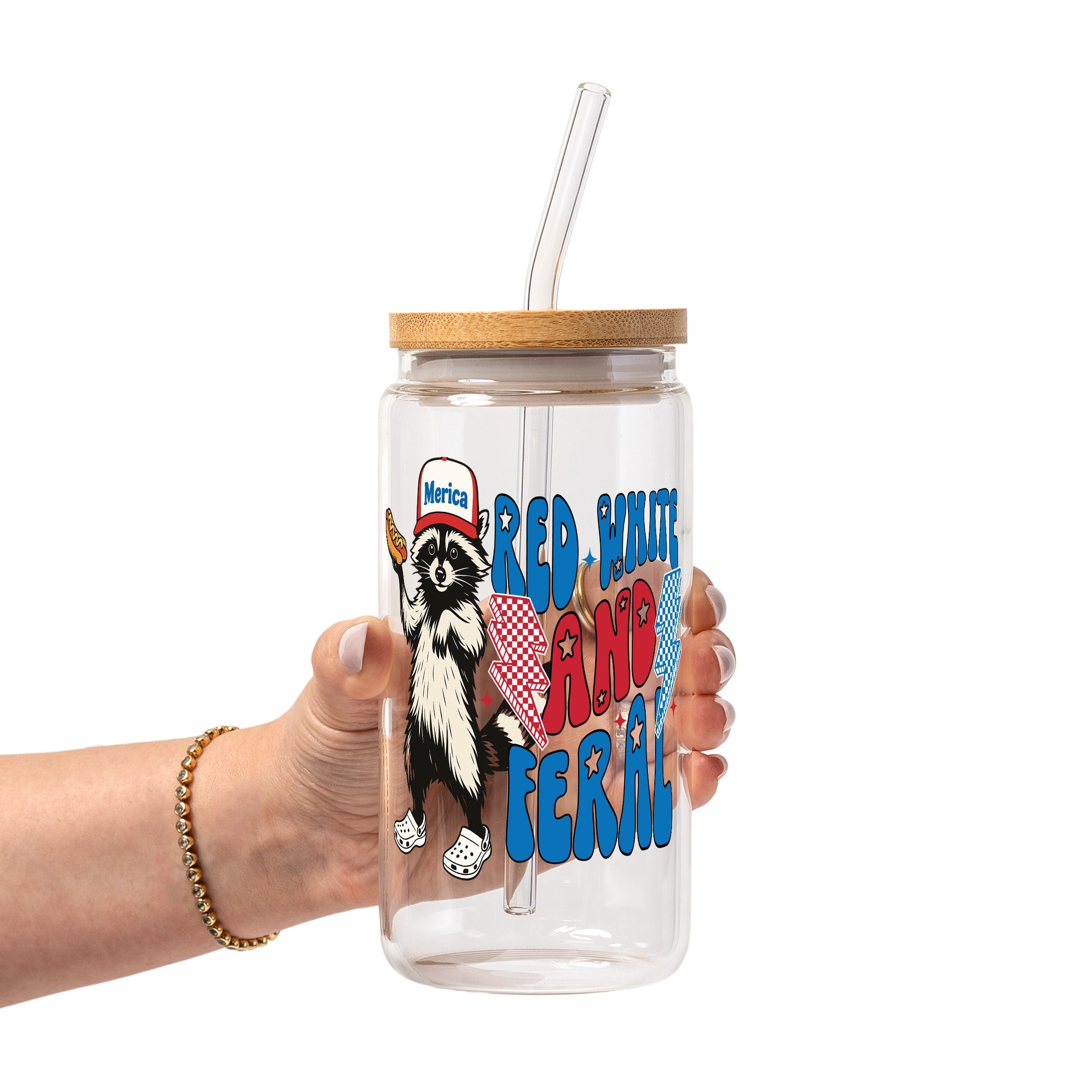Red White and Feral Hot Dog Patriotic Raccoon Glass Cup, Mug & Tumbler with Lid and Straw
