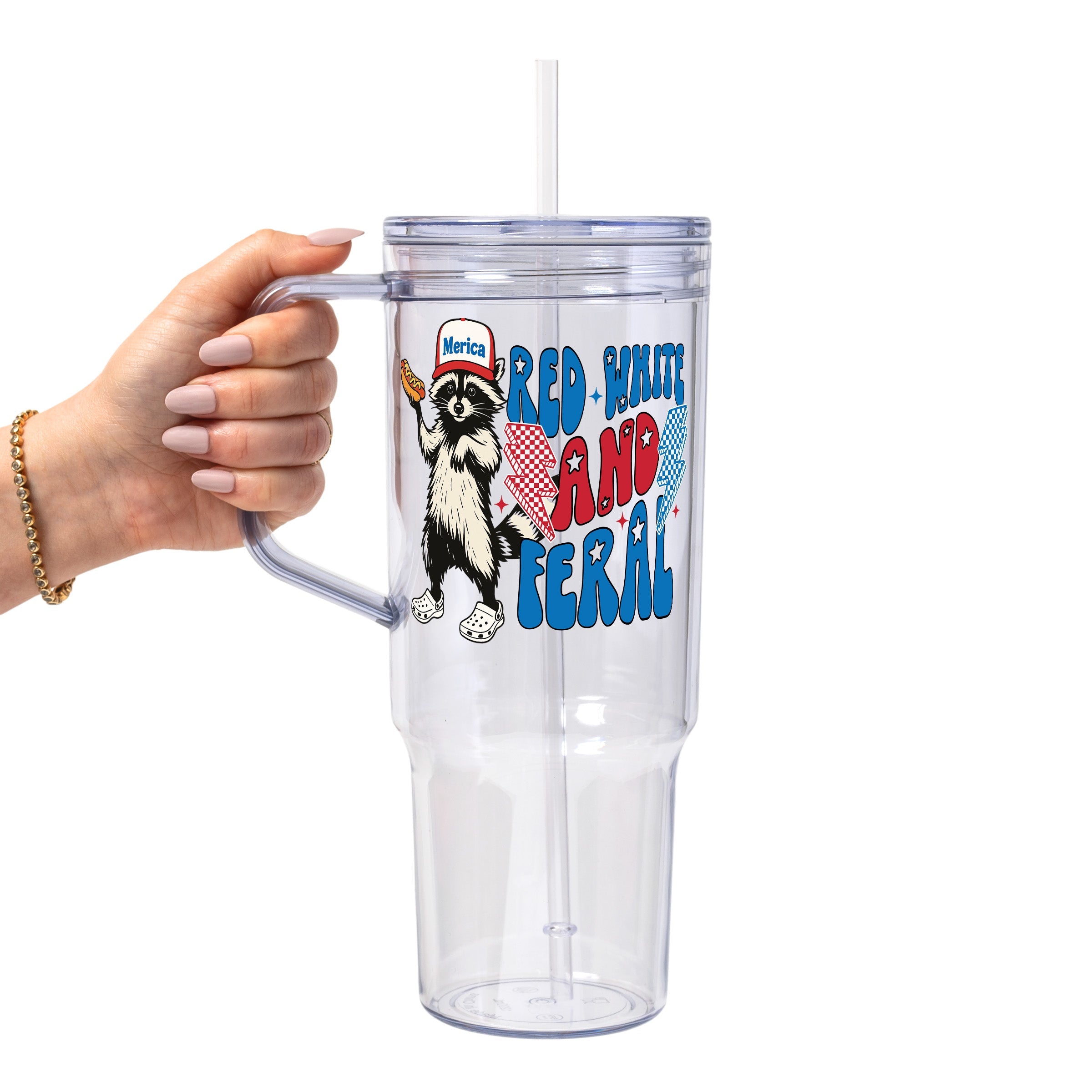 Red White and Feral Hot Dog Patriotic Raccoon Glass Cup, Mug & Tumbler with Lid and Straw