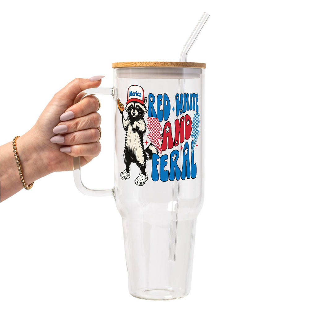 Red White and Feral Hot Dog Patriotic Raccoon Glass Cup, Mug & Tumbler with Lid and Straw