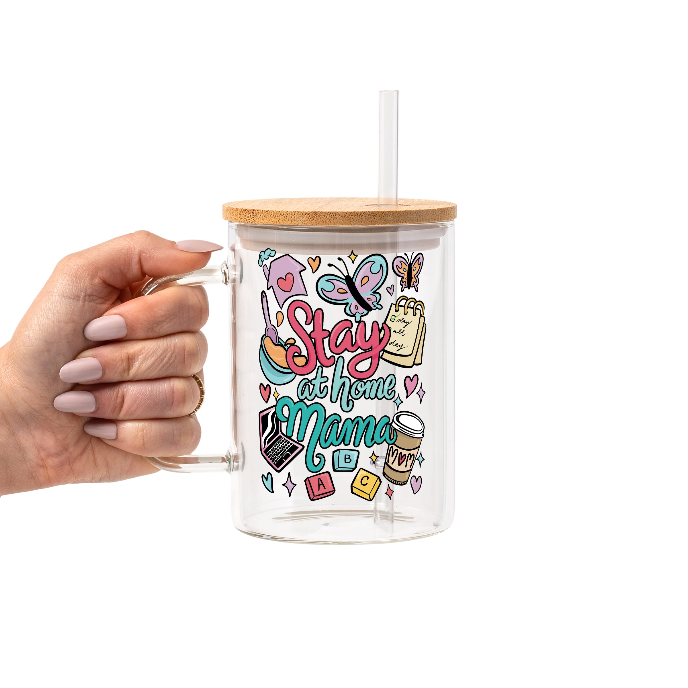 Stay At Home Mama Glass Cup, Mug & Tumbler with Lid and Straw