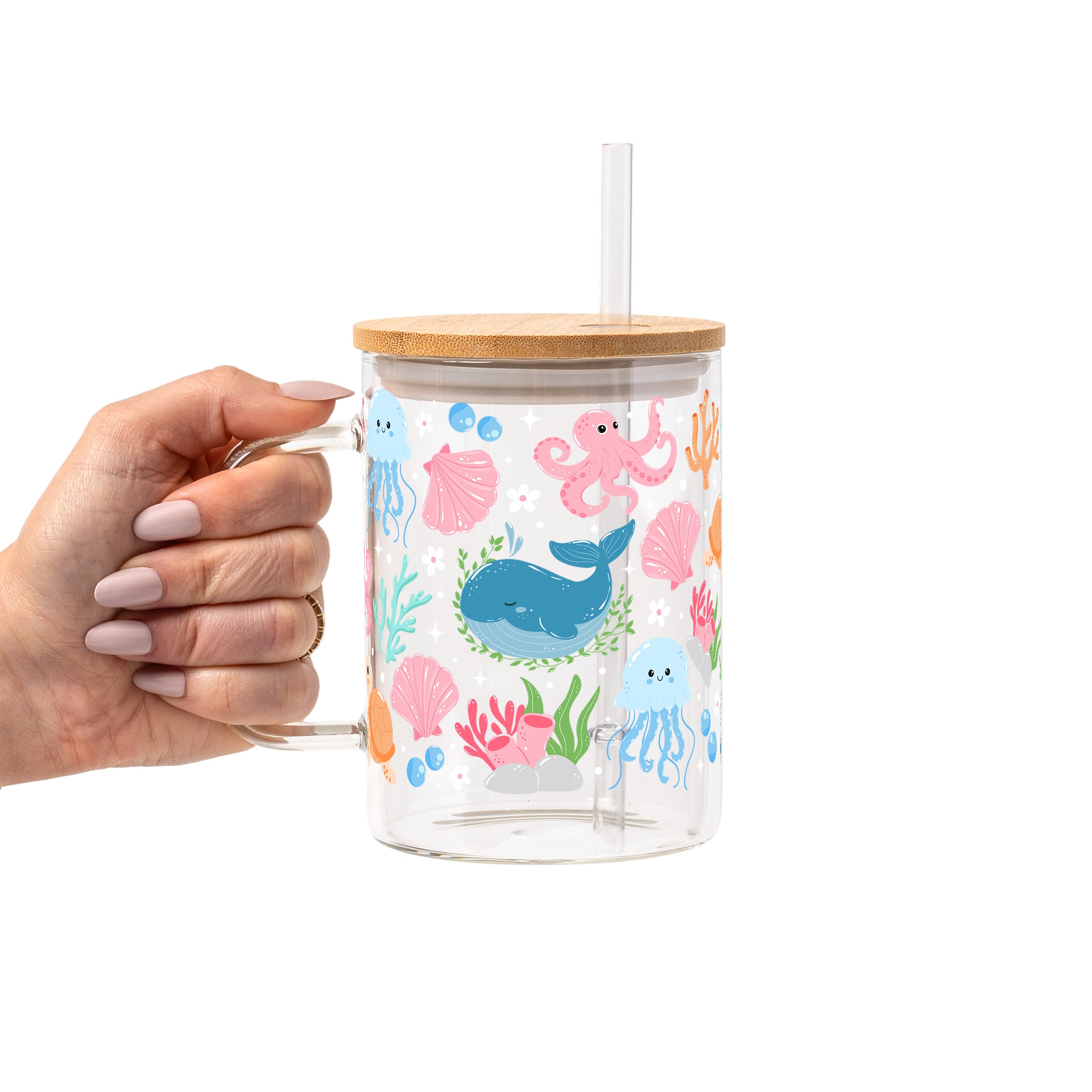 Cutie Sea Creatures Glass Cup, Mug & Tumbler with Lid and Straw