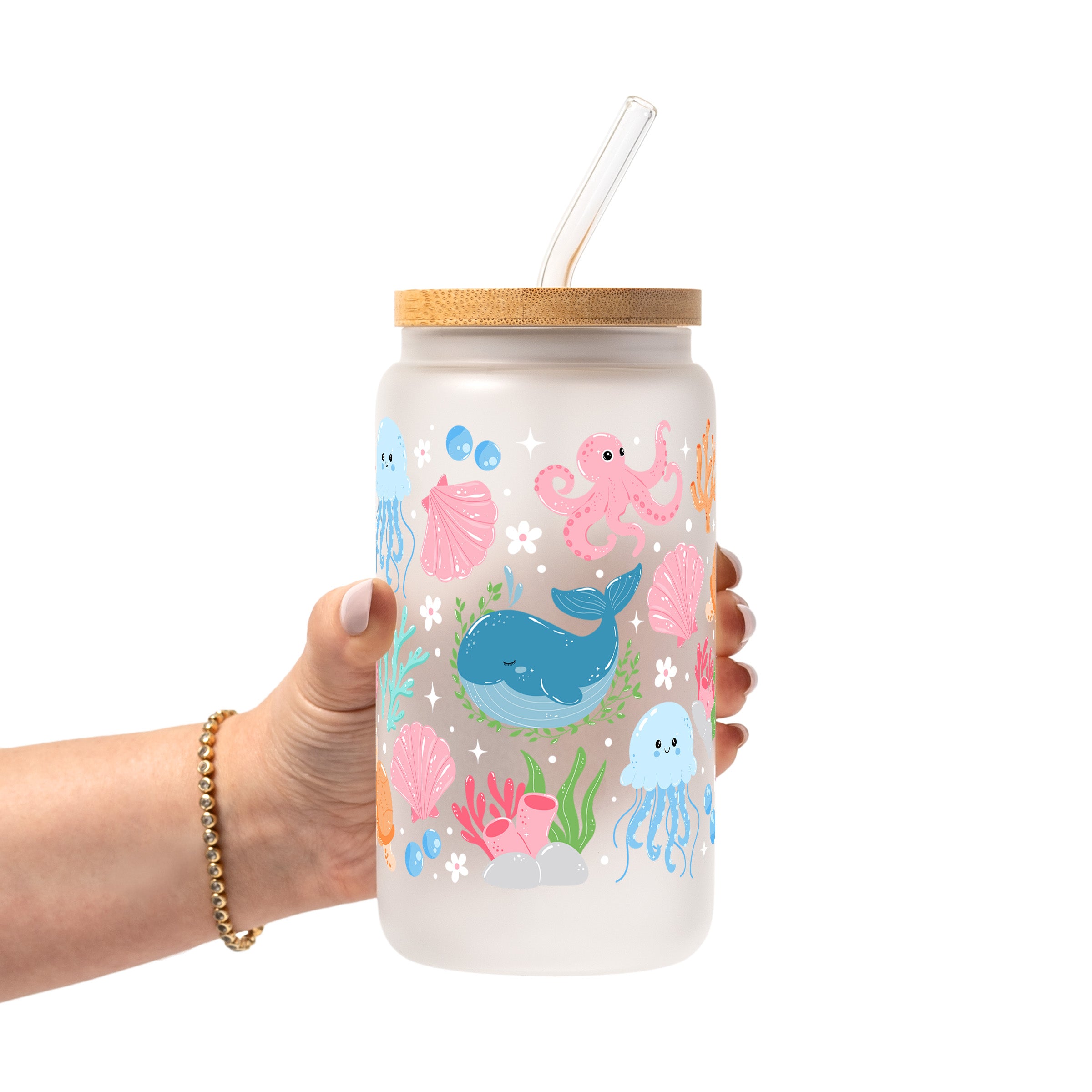 Cutie Sea Creatures Glass Cup, Mug & Tumbler with Lid and Straw