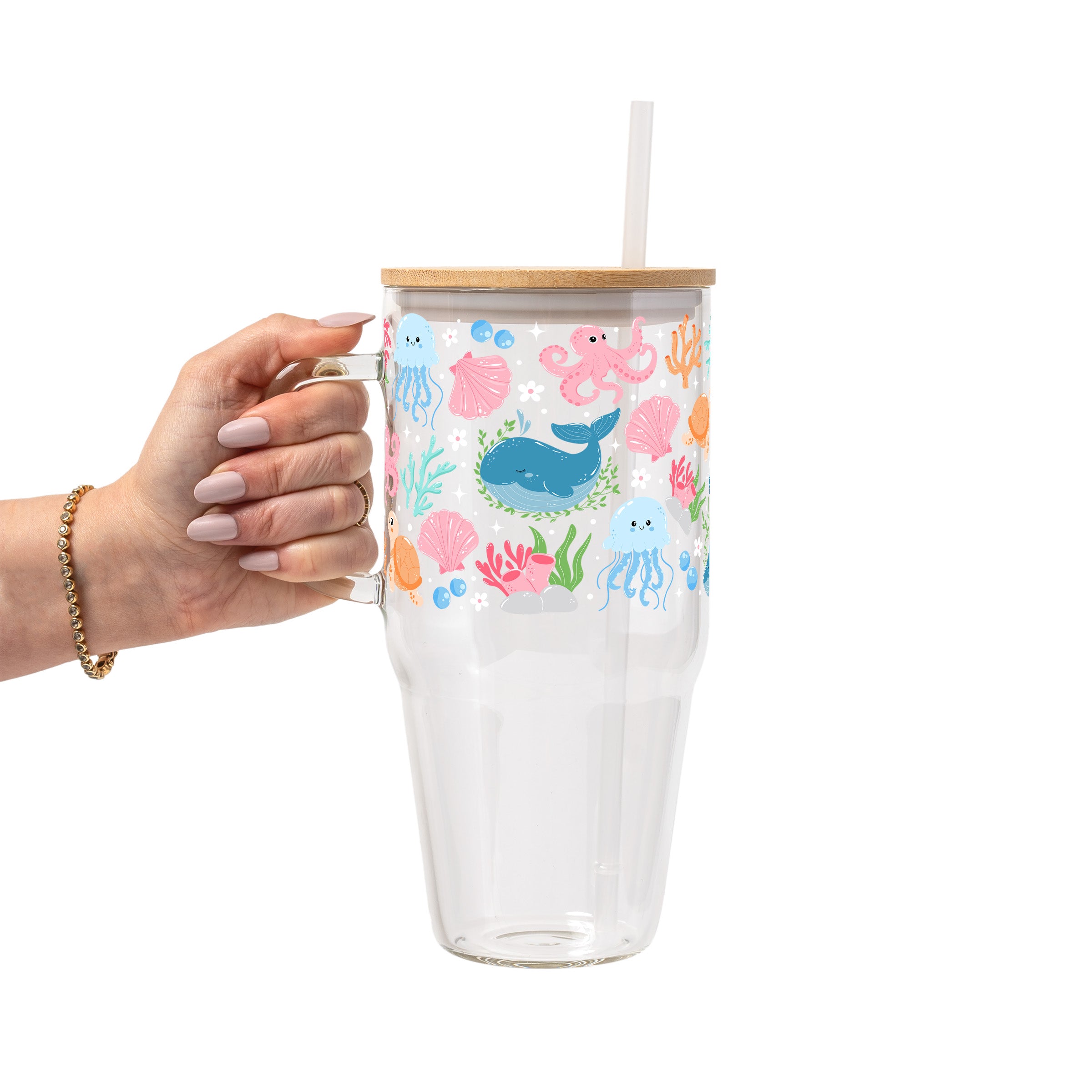 Cutie Sea Creatures Glass Cup, Mug & Tumbler with Lid and Straw
