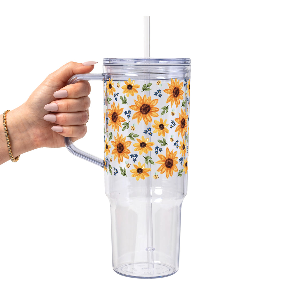 Sunflower With Bees Glass Cup, Mug & Tumbler with Lid and Straw