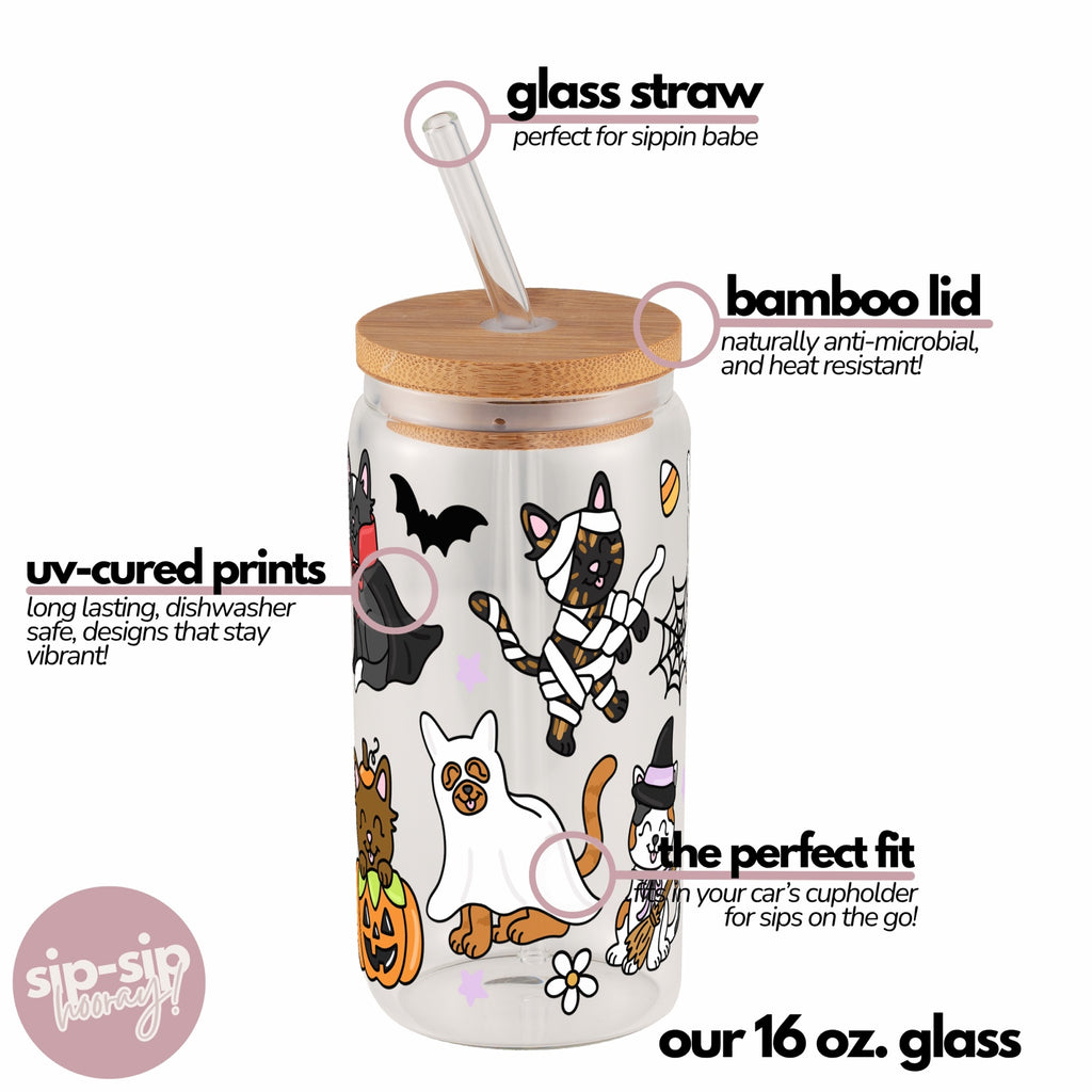 Spooky Cats Glass Cup, Mug & Tumbler with Lid and Straw