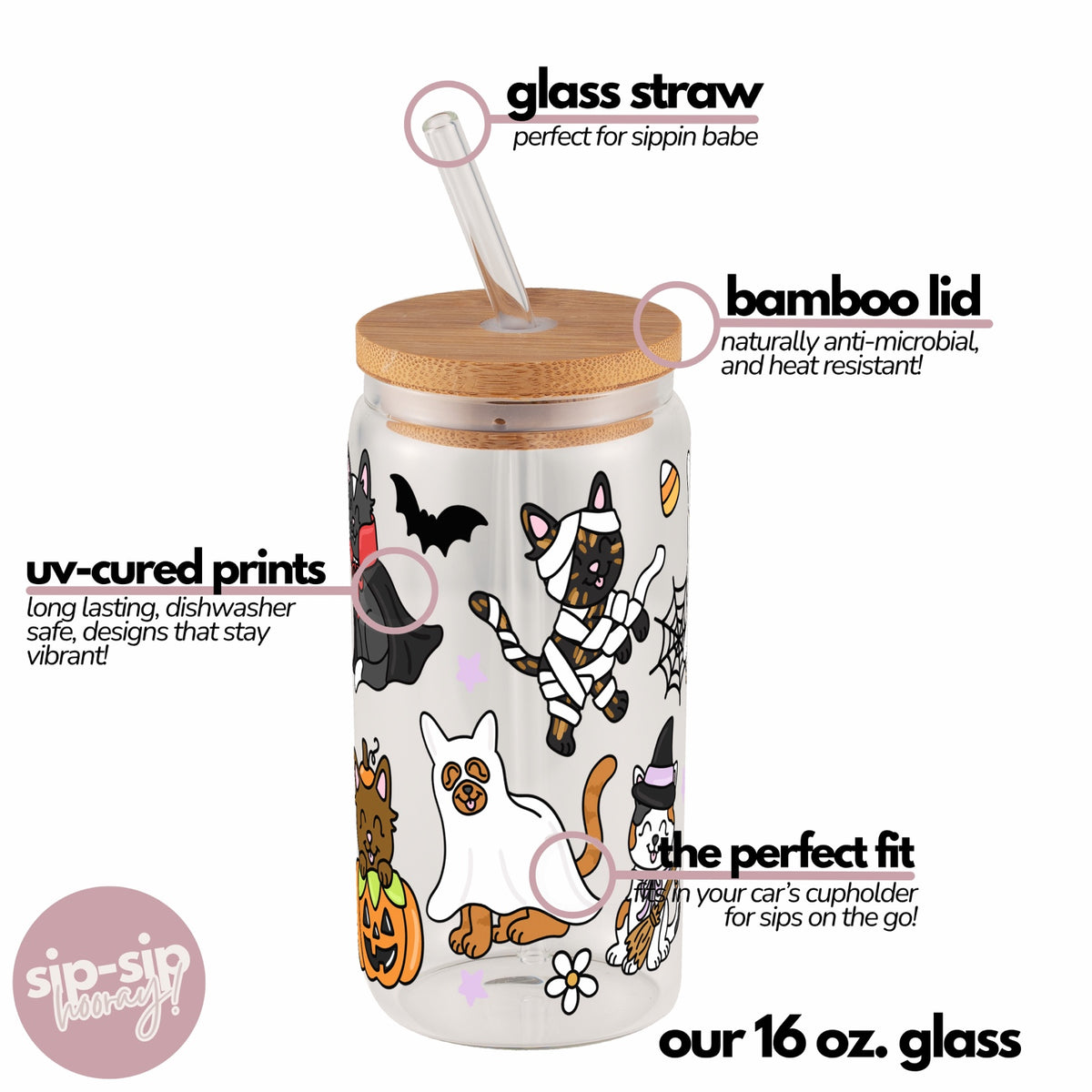 Spooky Cats Glass Cup, Mug & Tumbler with Lid and Straw