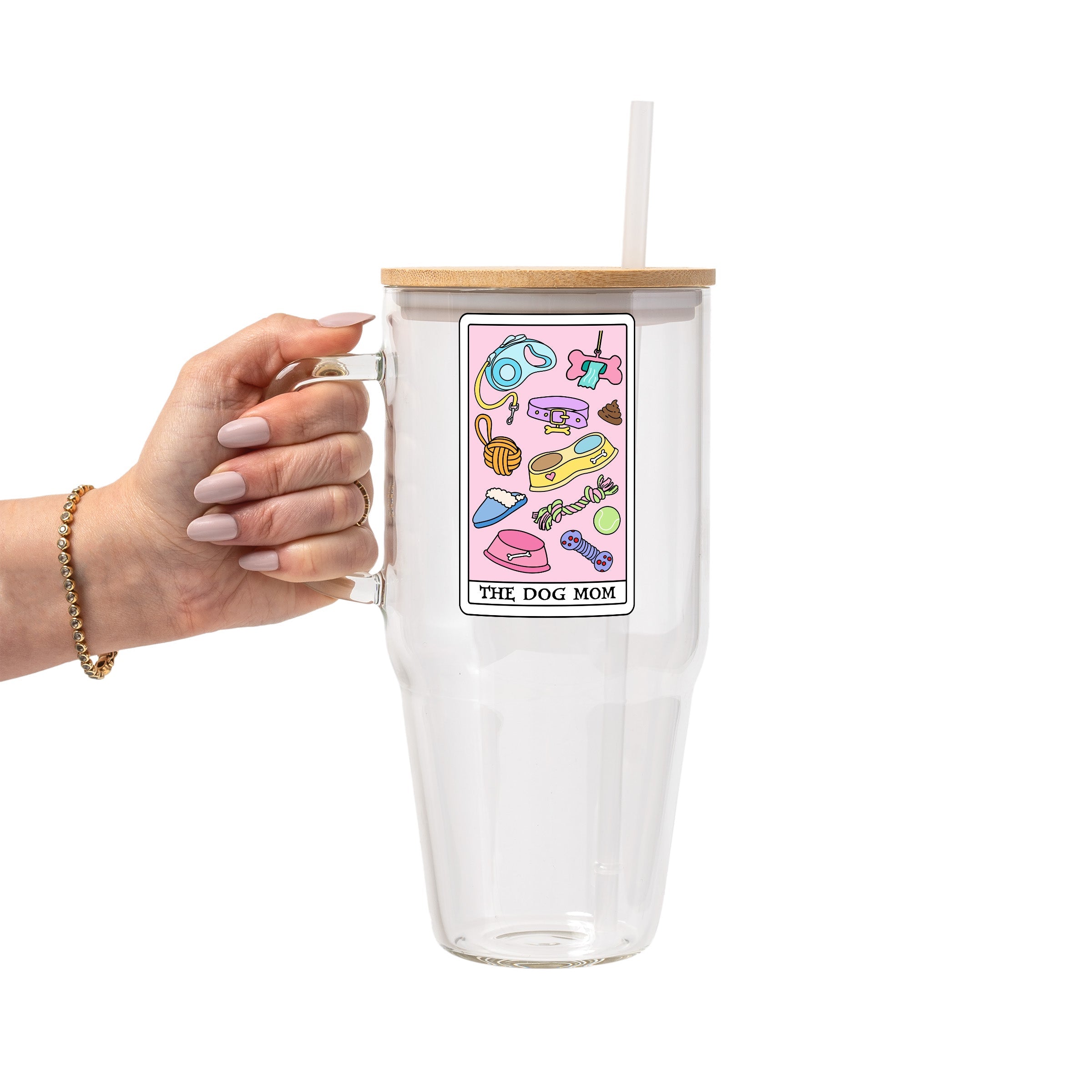 Dog Mom Tarot Glass Cup, Mug & Tumbler with Lid and Straw