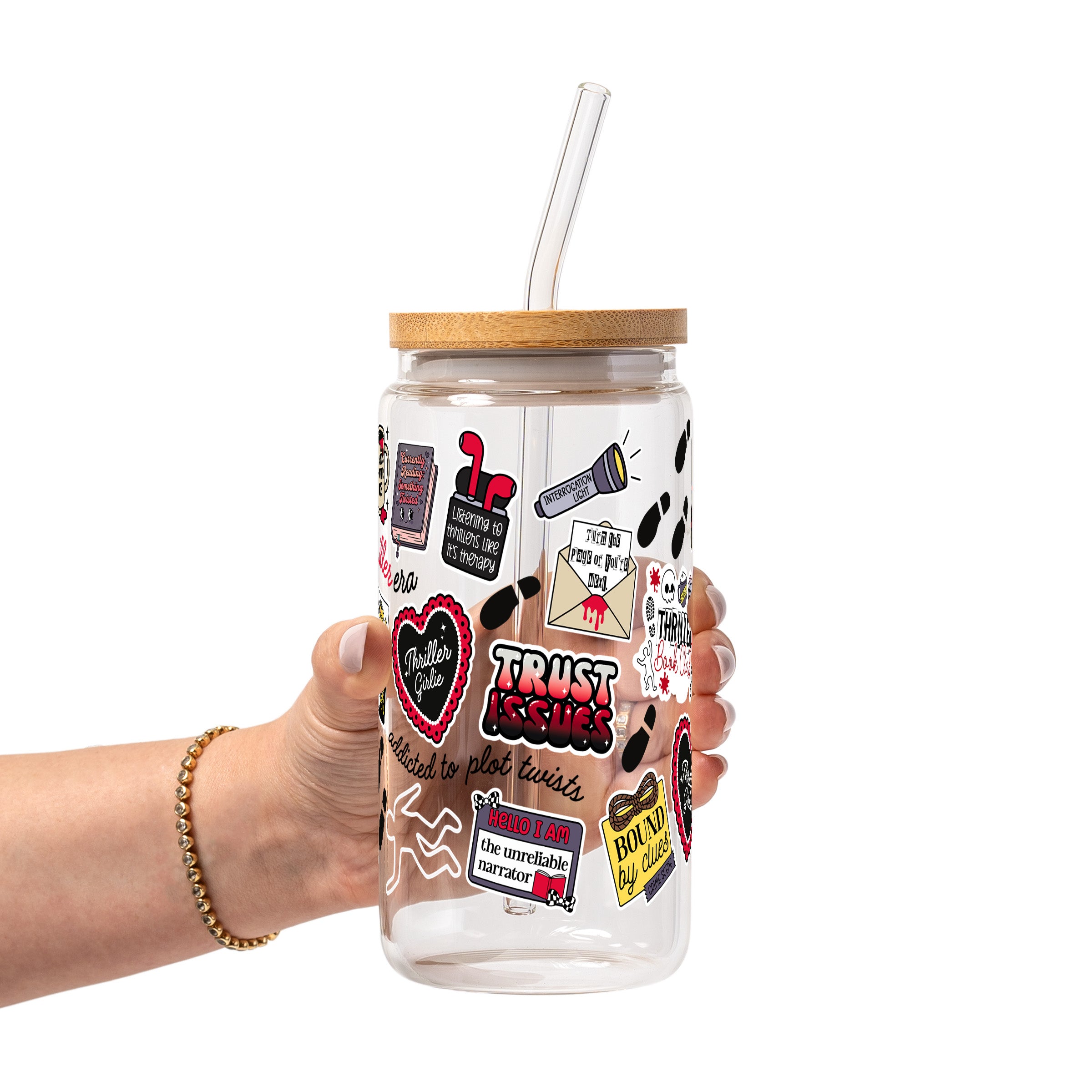 Thriller True Crime Glass Cup, Mug & Tumbler with Lid and Straw