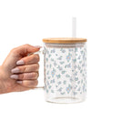 Minimalist Blue Flowers Glass Cup, Mug & Tumbler with Lid and Straw