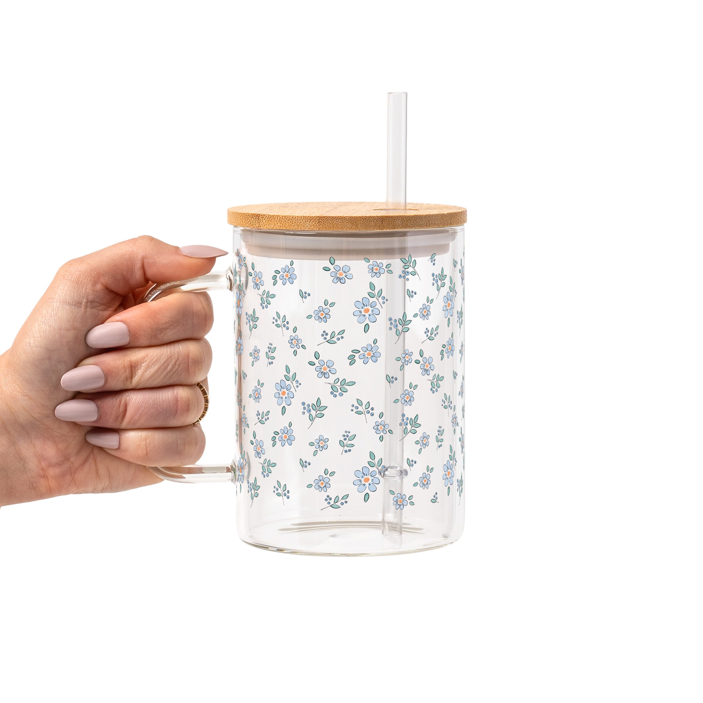 Minimalist Blue Flowers Glass Cup, Mug & Tumbler with Lid and Straw