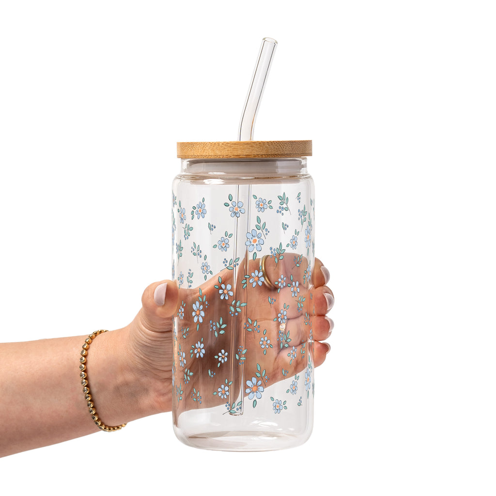 Minimalist Blue Flowers Glass Cup, Mug & Tumbler with Lid and Straw