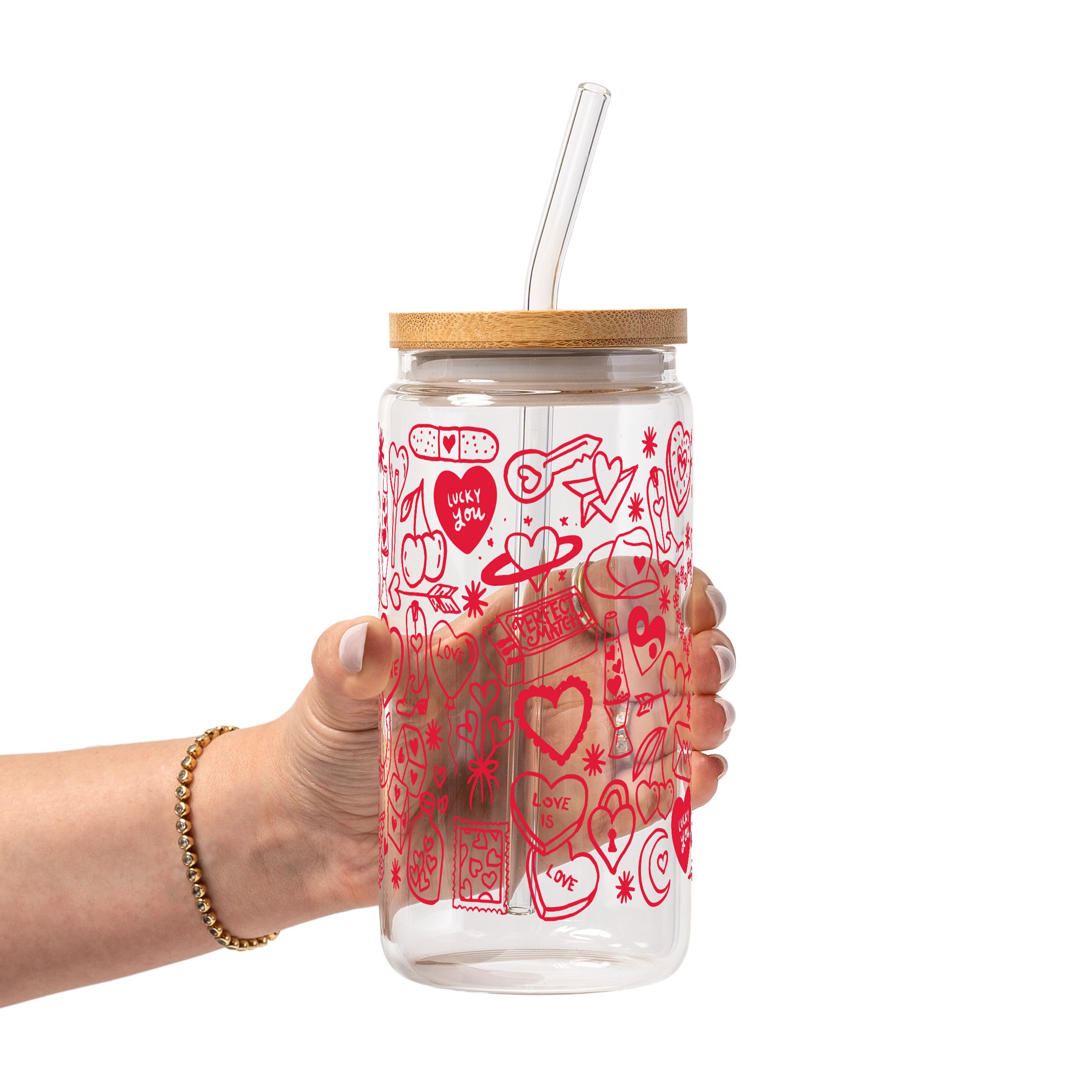 Red Tiny Tattoo Glass Cup, Mug & Tumbler with Lid and Straw