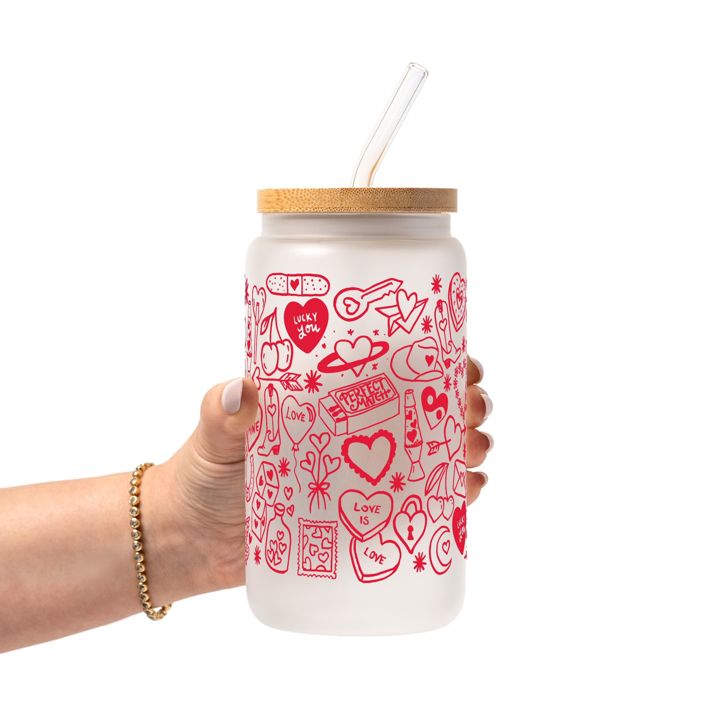 Red Tiny Tattoo Glass Cup, Mug & Tumbler with Lid and Straw