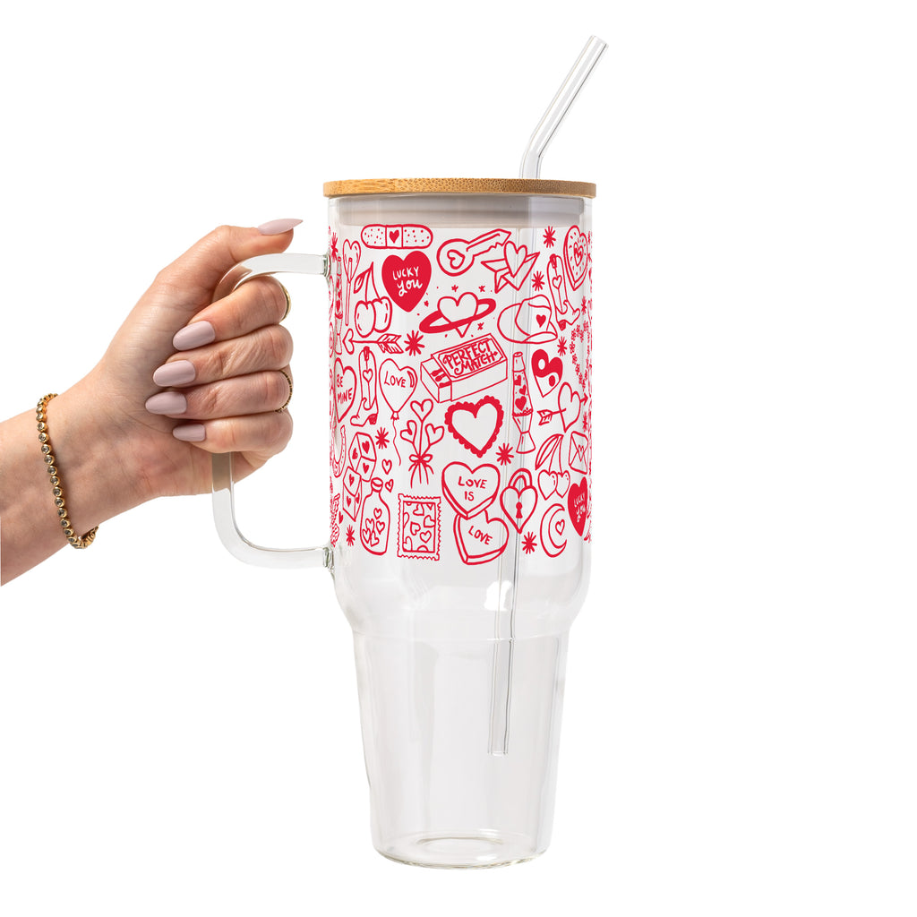 Red Tiny Tattoo Glass Cup, Mug & Tumbler with Lid and Straw