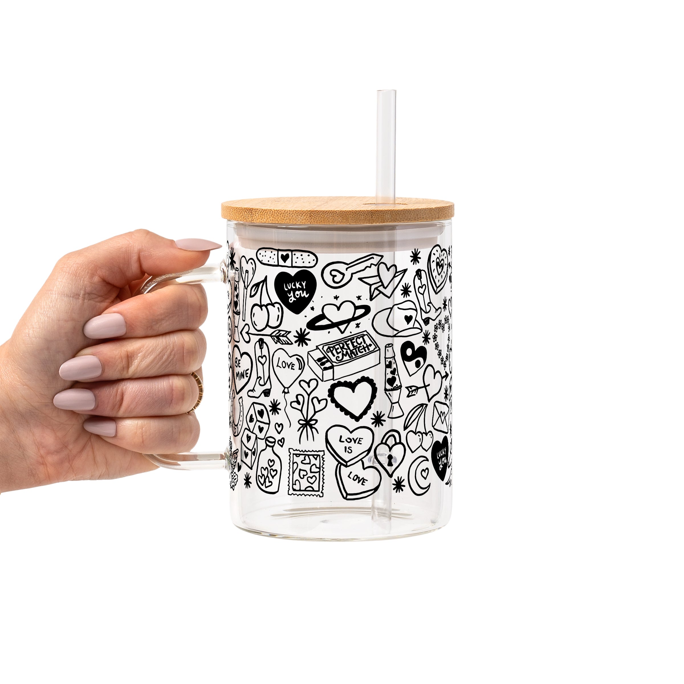 Black Tiny Tats Glass Cup, Mug & Tumbler with Lid and Straw