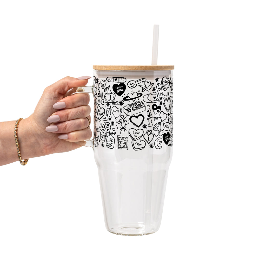 Black Tiny Tats Glass Cup, Mug & Tumbler with Lid and Straw