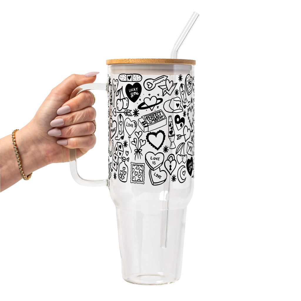 Black Tiny Tats Glass Cup, Mug & Tumbler with Lid and Straw
