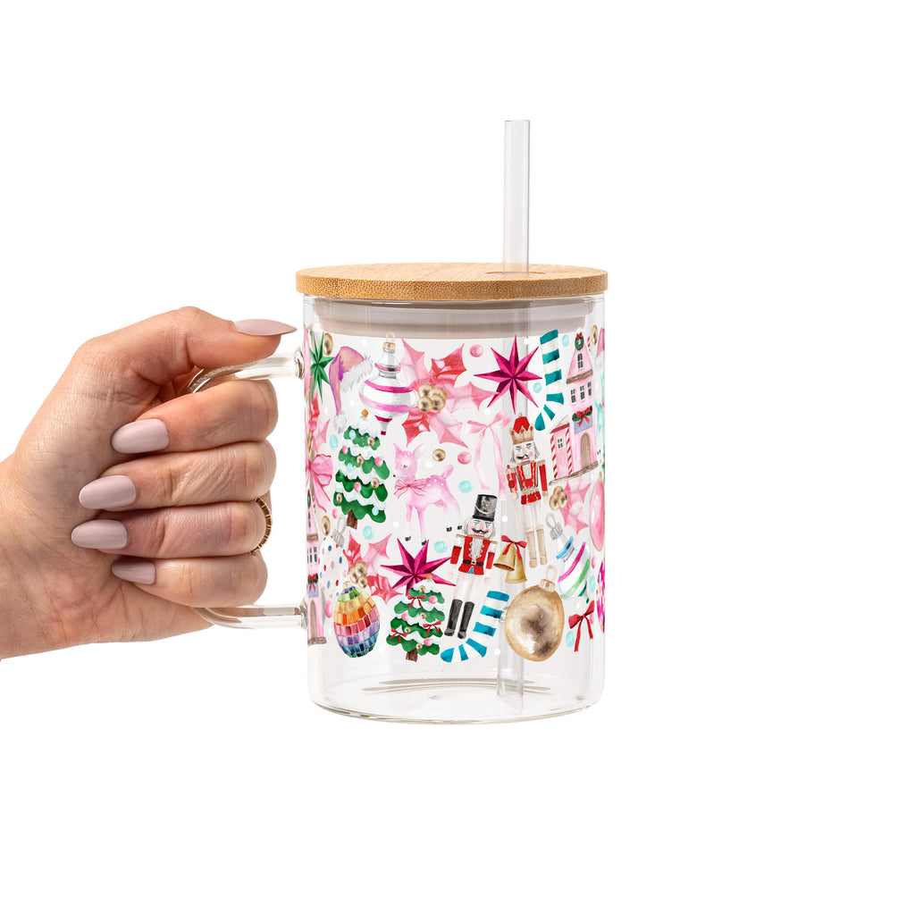 Whimsical Christmas Glass Cup, Mug & Tumbler with Lid and Straw