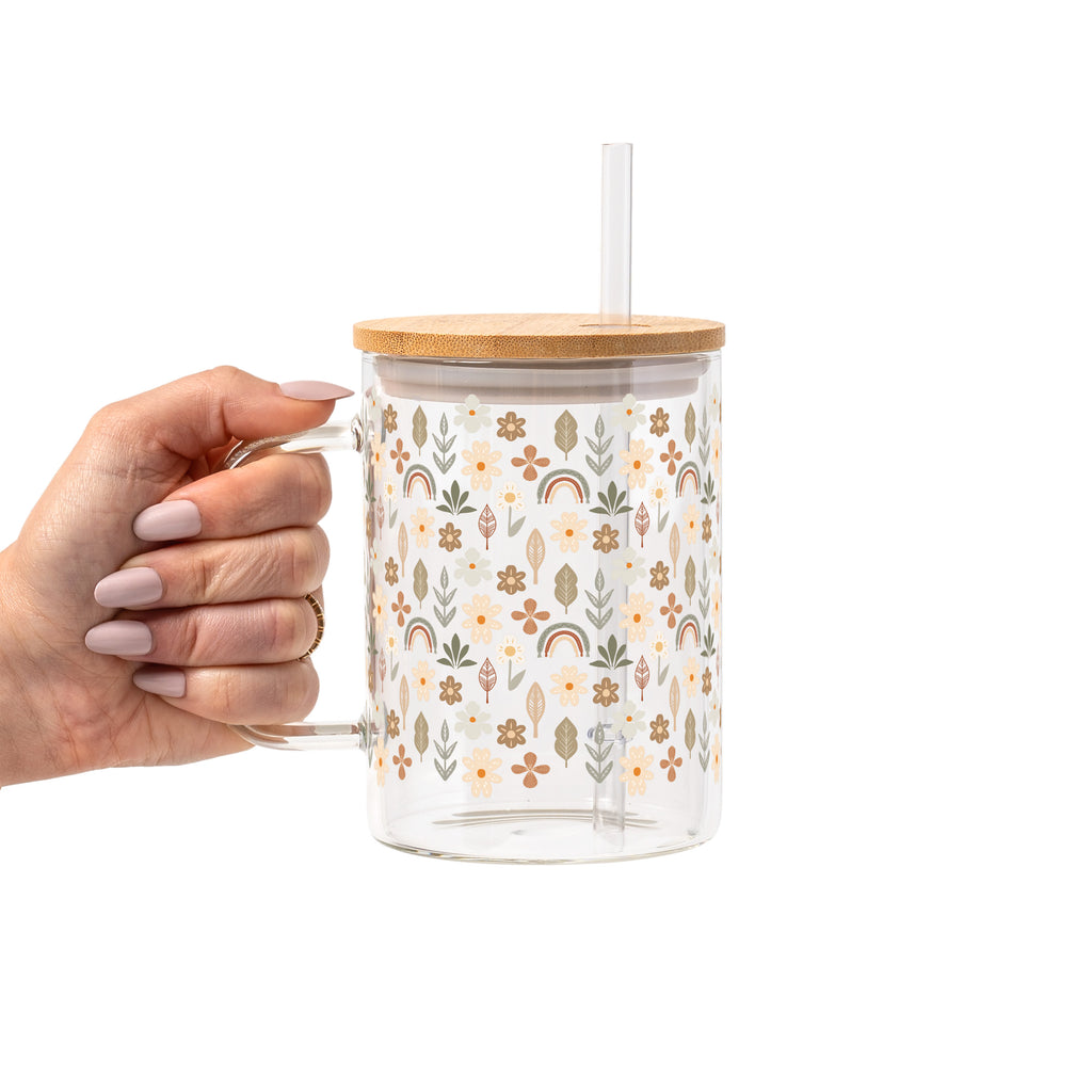 Neutral Wildflowers Glass Cup, Mug & Tumbler with Lid and Straw