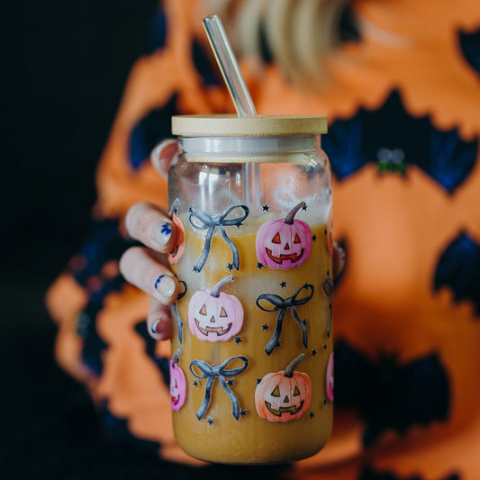 Halloween Coquette Pumpkin 16oz Glass Can Cup With Lid and Straw