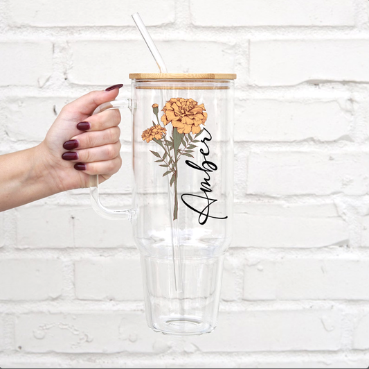 Personalized Color Birth Flower 40oz Glass Tumbler With Lid and Straw
