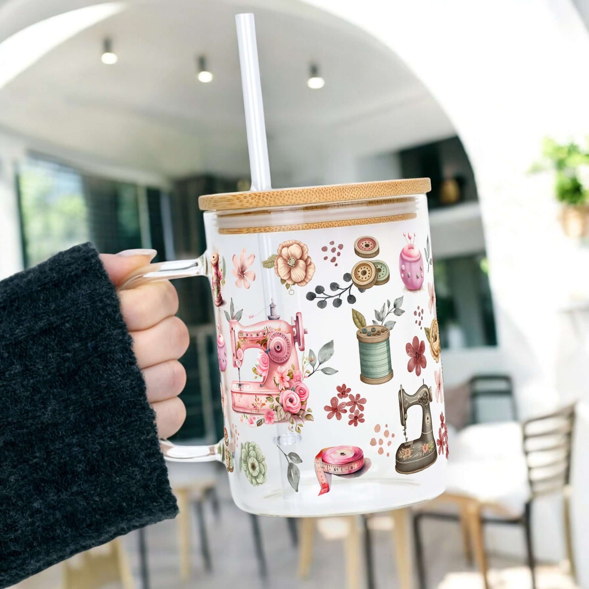 Sewing Clear Glass Mug With Lid and Straw from Sip Sip Hooray – Drinkware