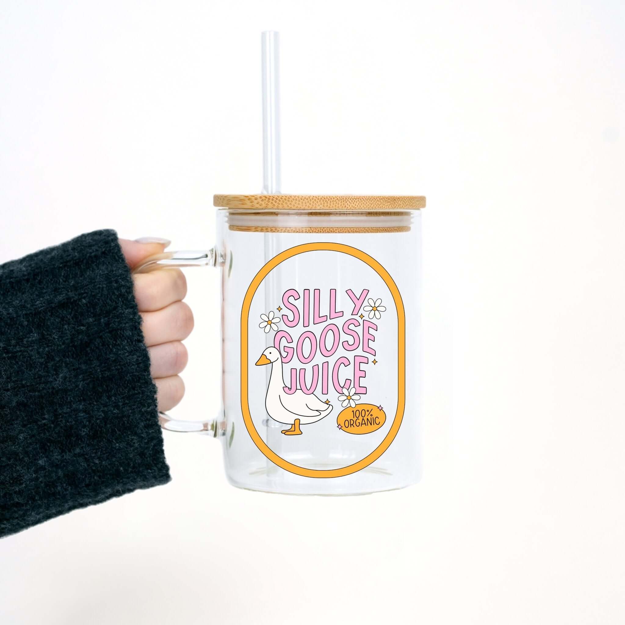 Silly Goose Juice 17oz Glass Mug With Lid and Straw