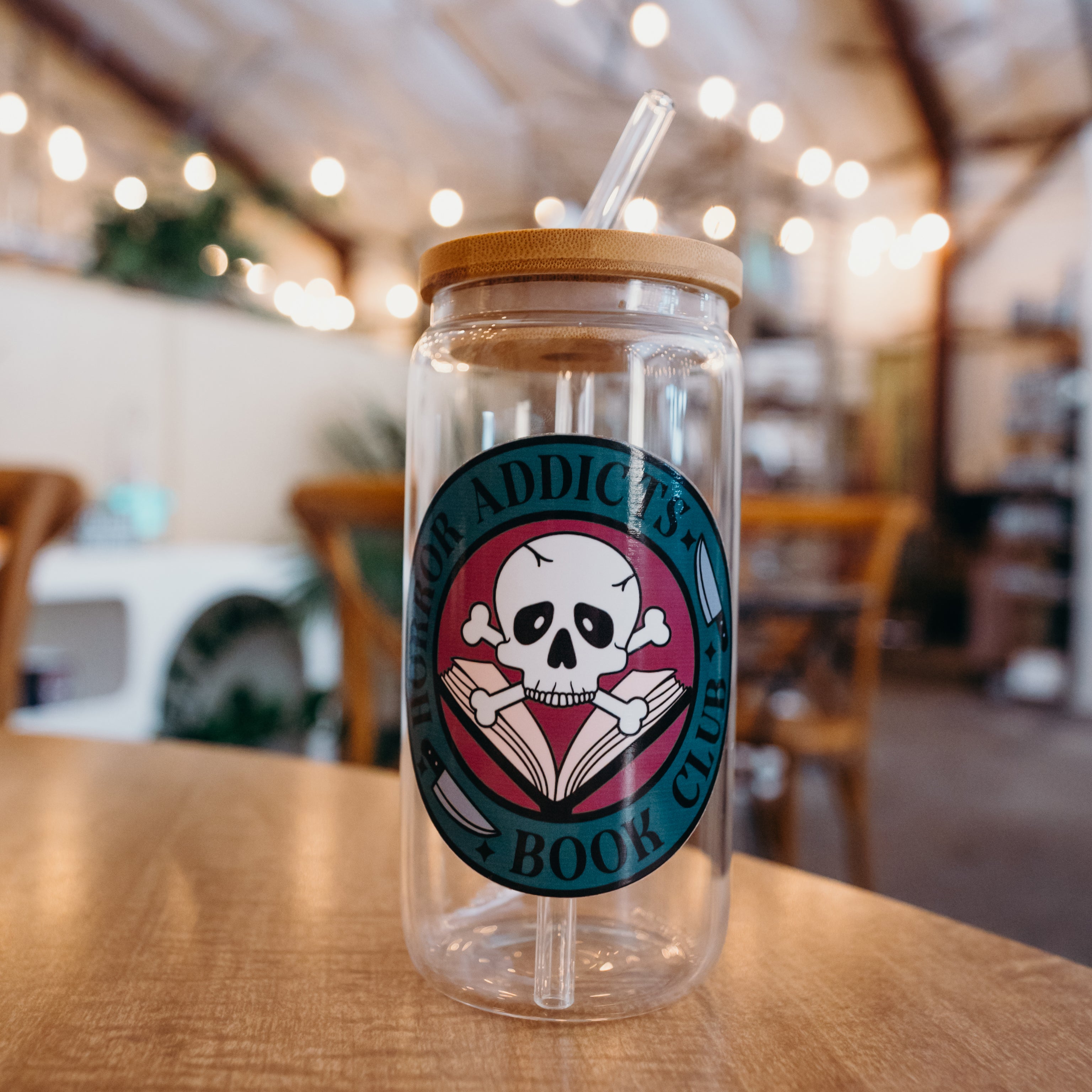 Horror Addicts Book Club Glass Can Cup With Lid and Straw