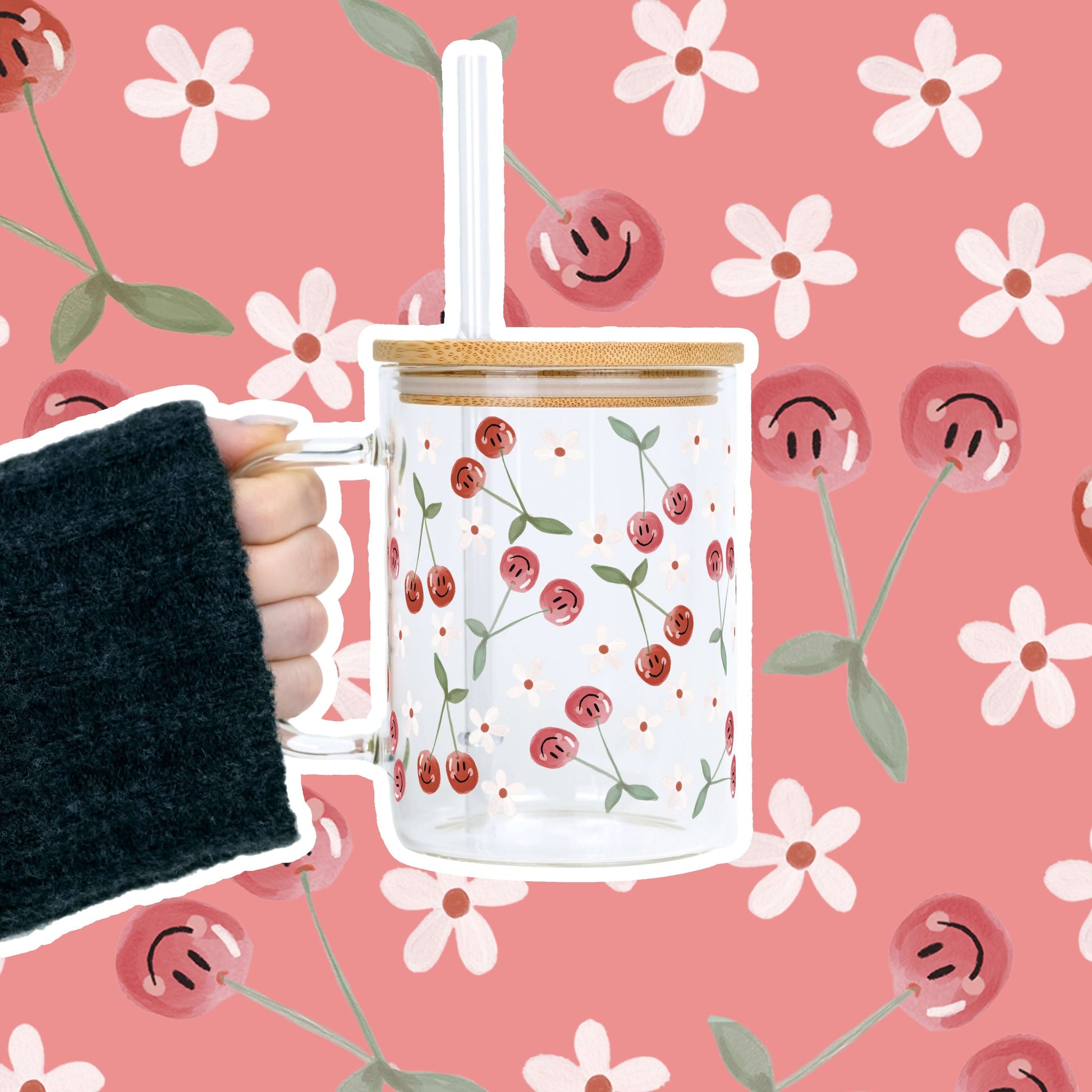 Smiley Cherry 17oz Glass Mug With Lid and Straw from Sip Sip Hooray – Mugs