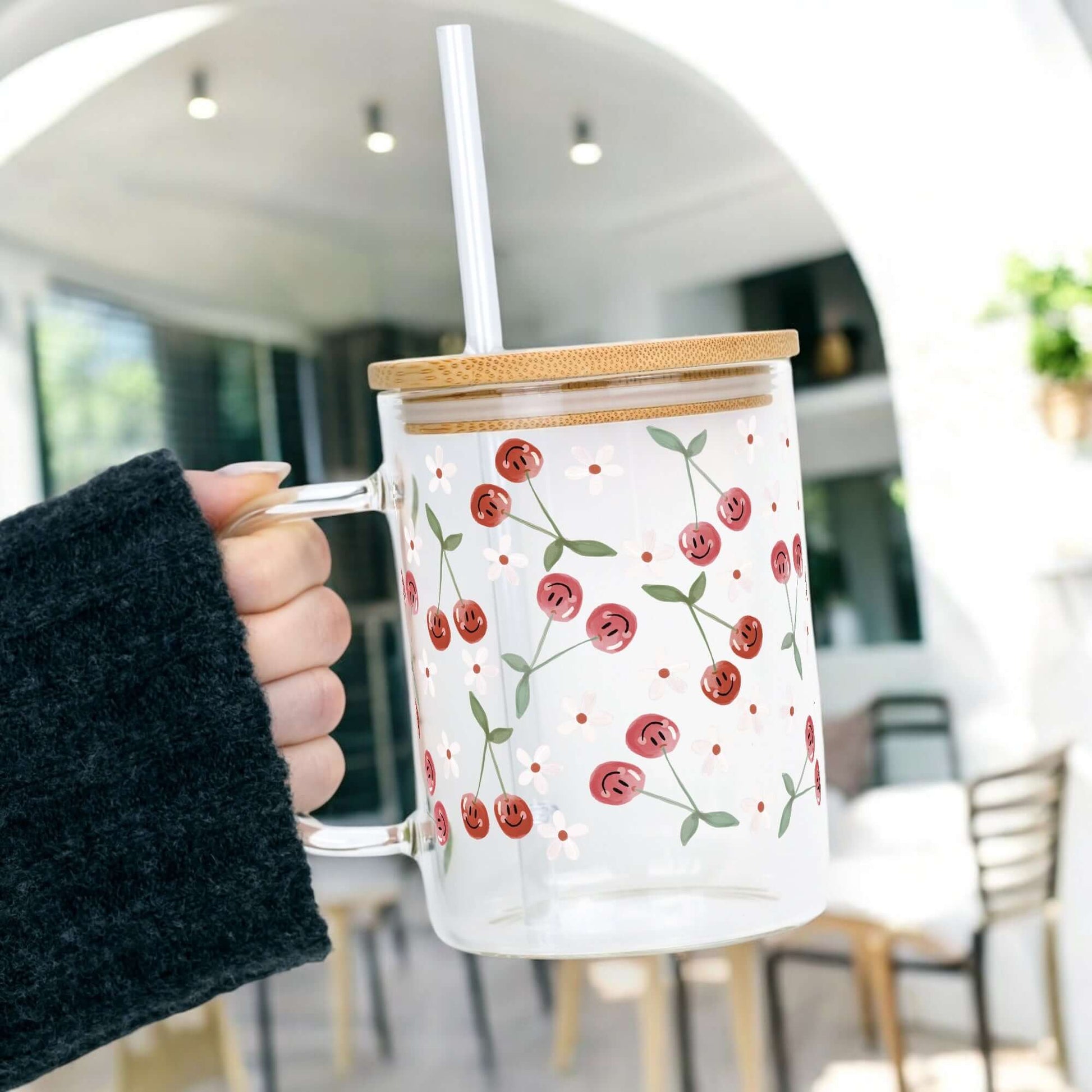 Smiley Cherry 17oz Glass Mug With Lid and Straw from Sip Sip Hooray – Mugs