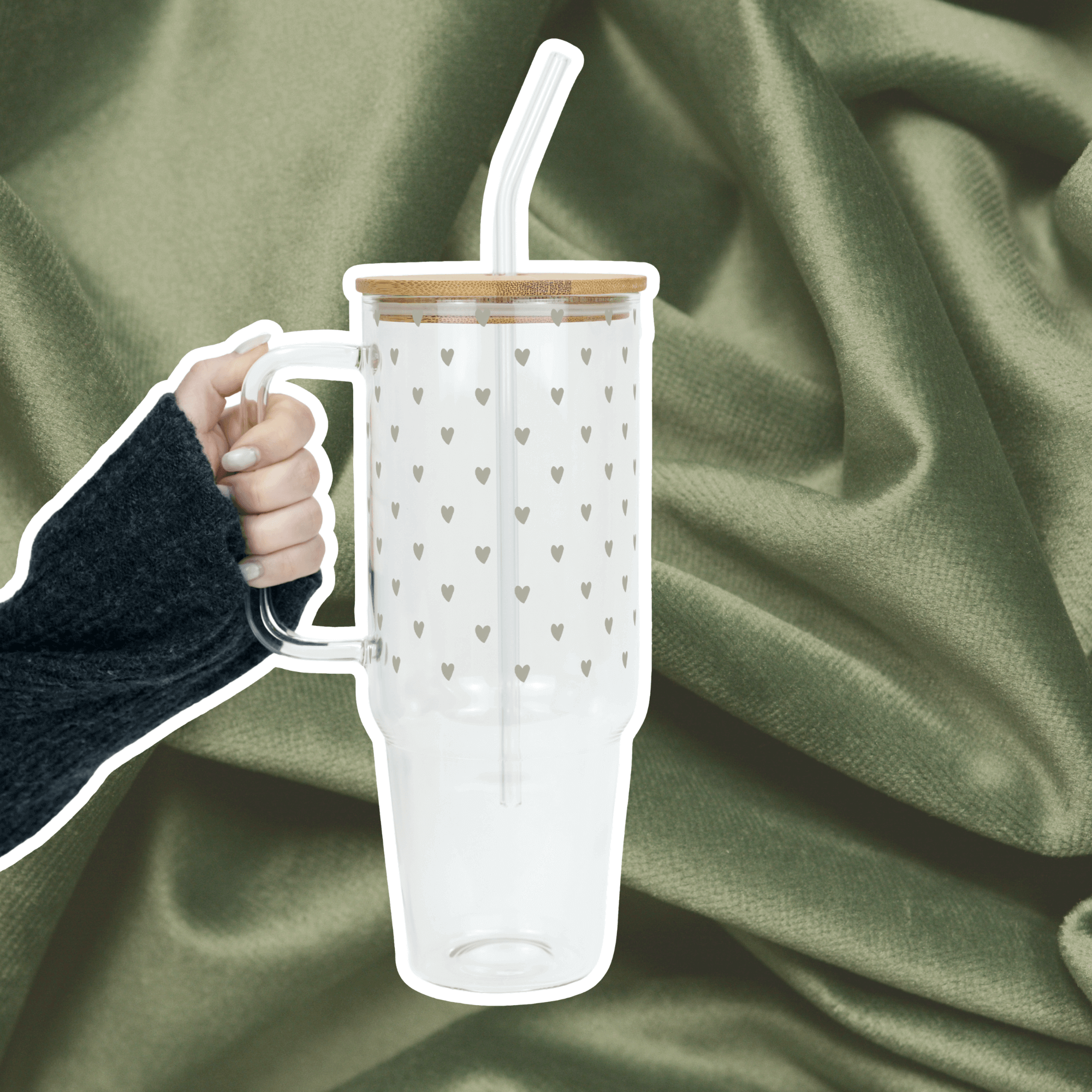 Sage Mini Hearts Tumbler with Lid and Straw