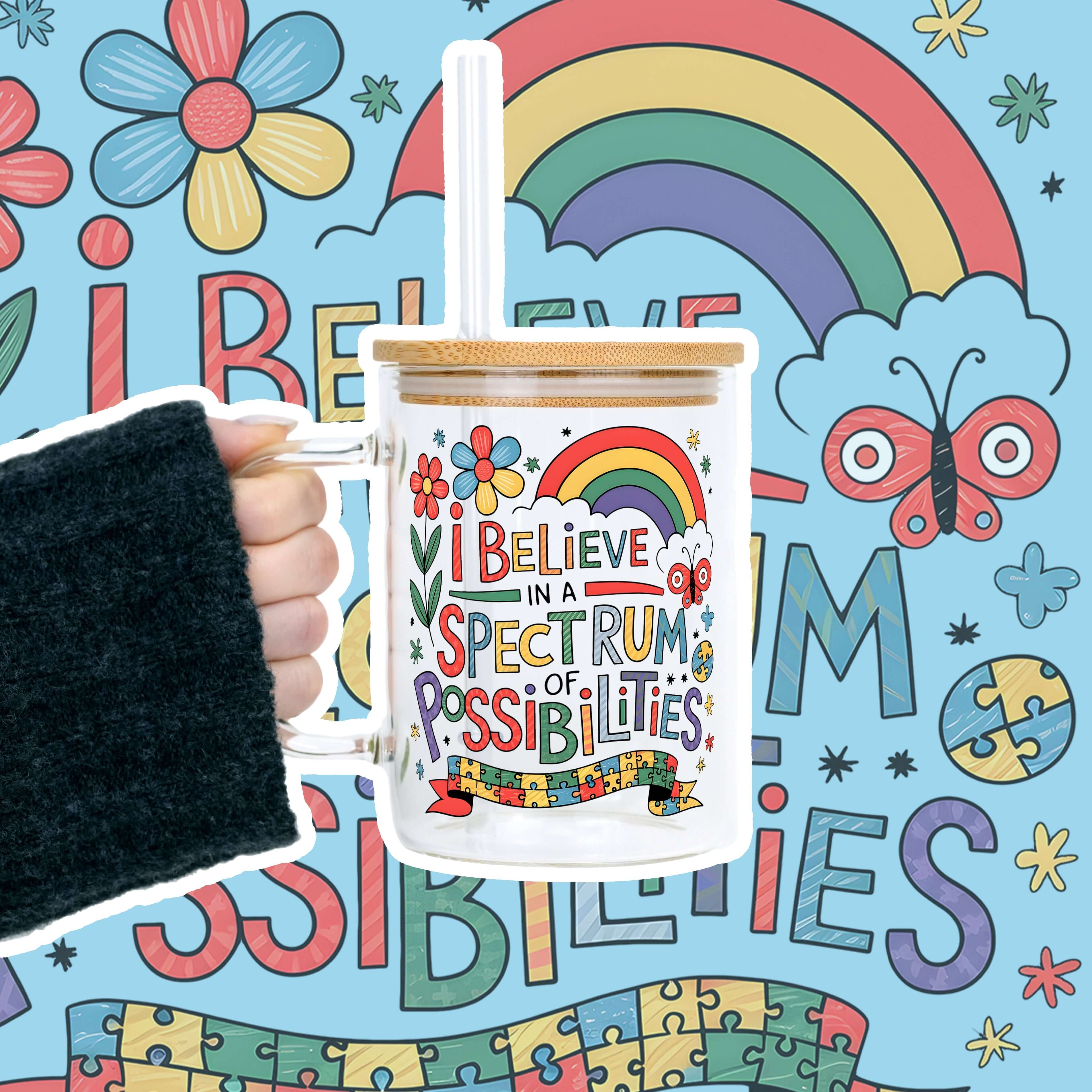 Spectrum of Possibilities 17oz Glass Mug With Lid and Straw