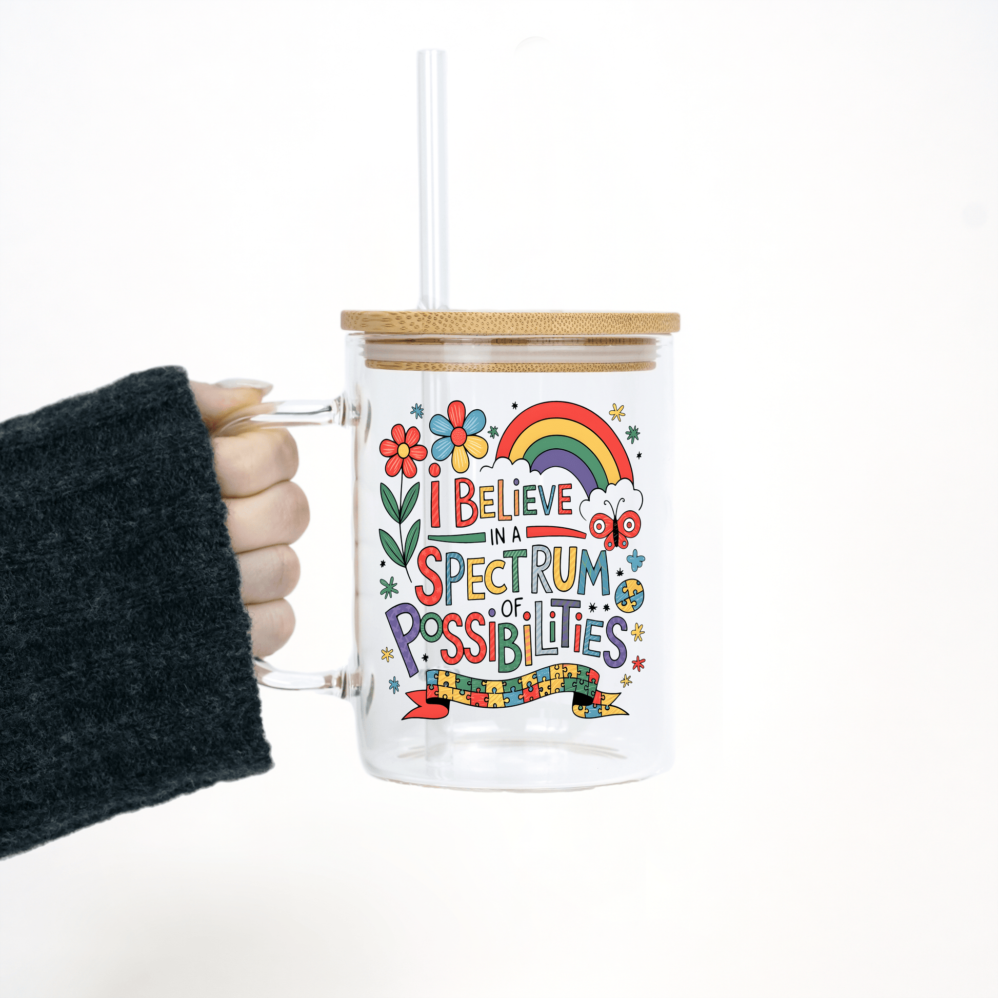 Spectrum of Possibilities 17oz Glass Mug With Lid and Straw from Sip Sip Hooray – Mugs