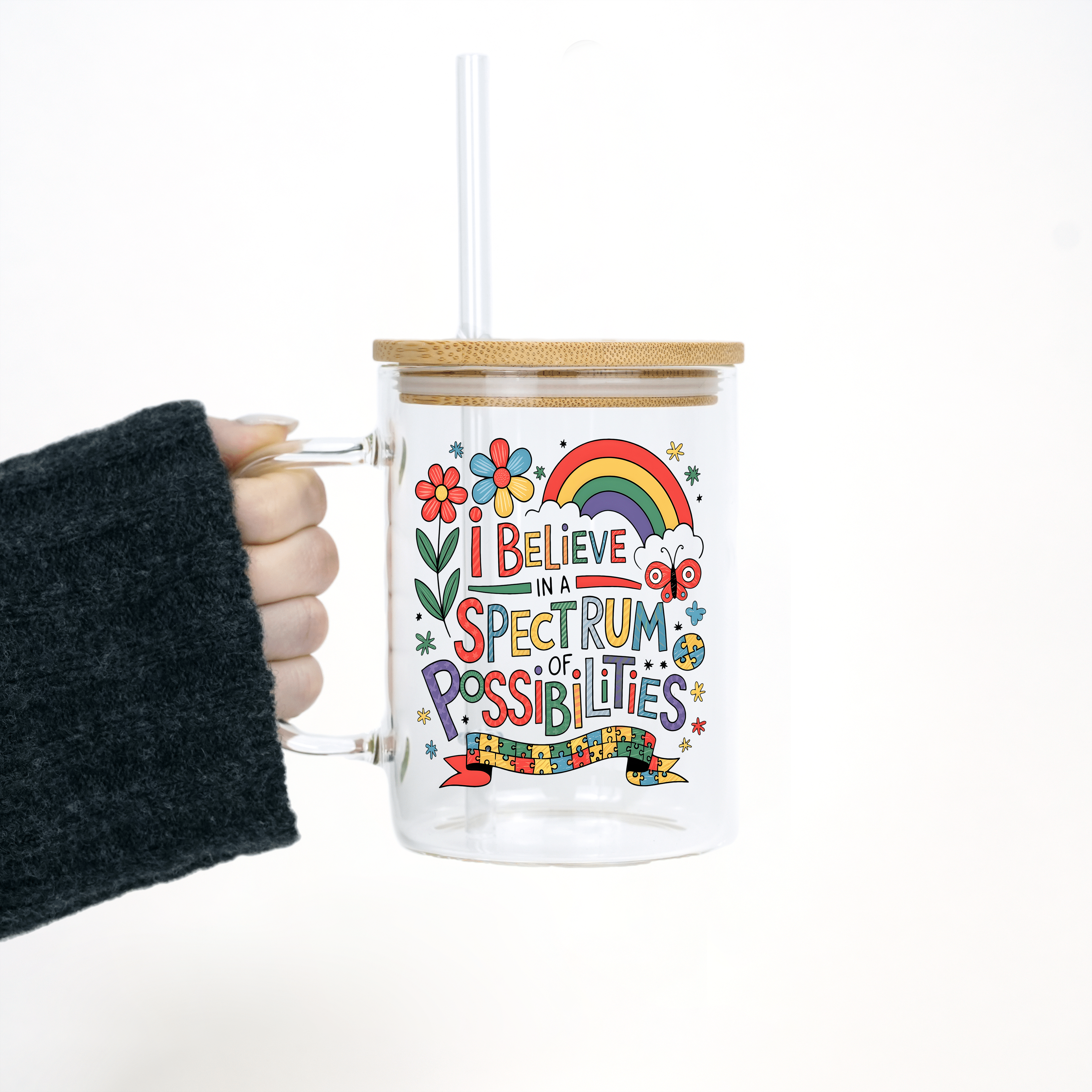 Spectrum of Possibilities 17oz Glass Mug With Lid and Straw
