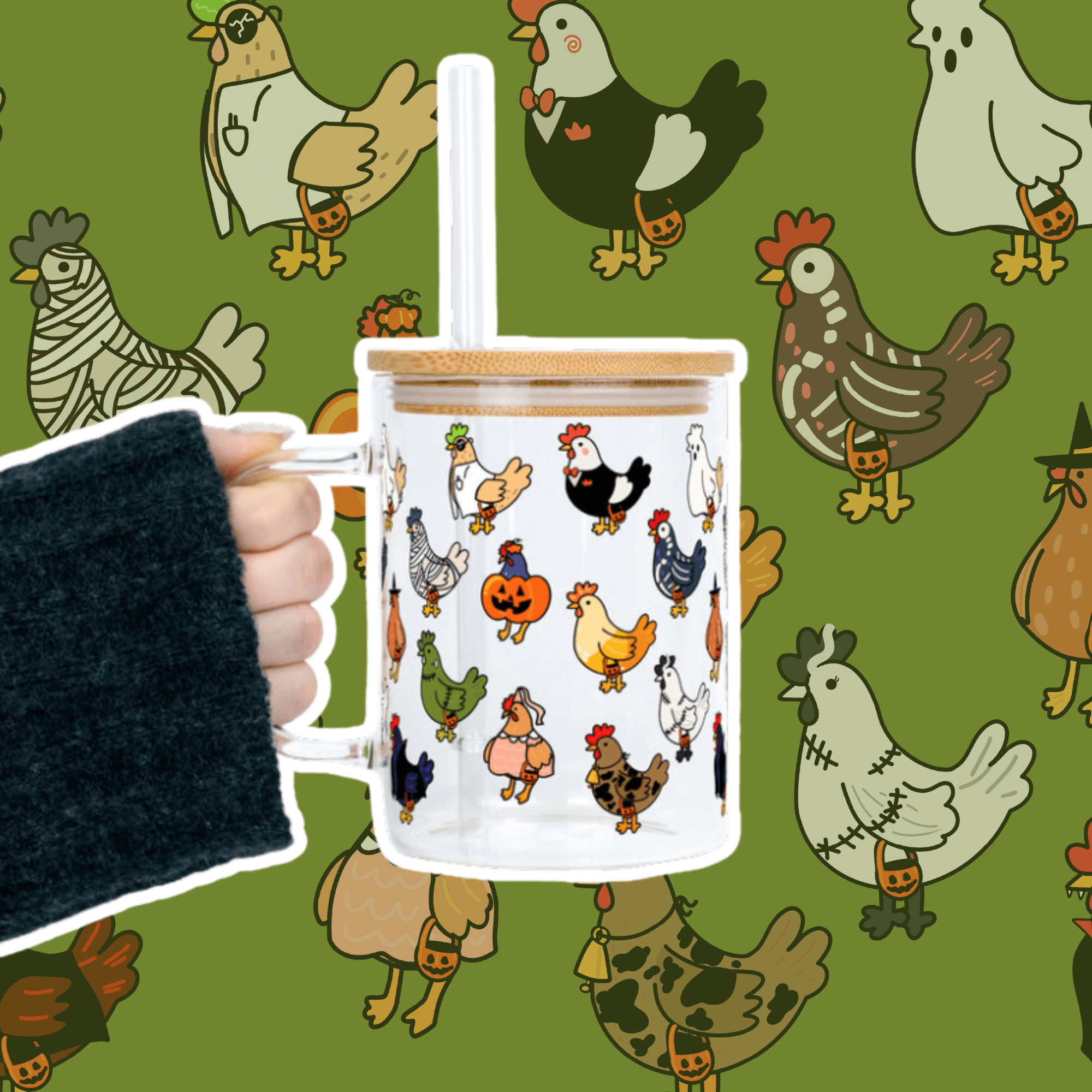 Spooky Chickens Clear Glass Mug With Lid and Straw
