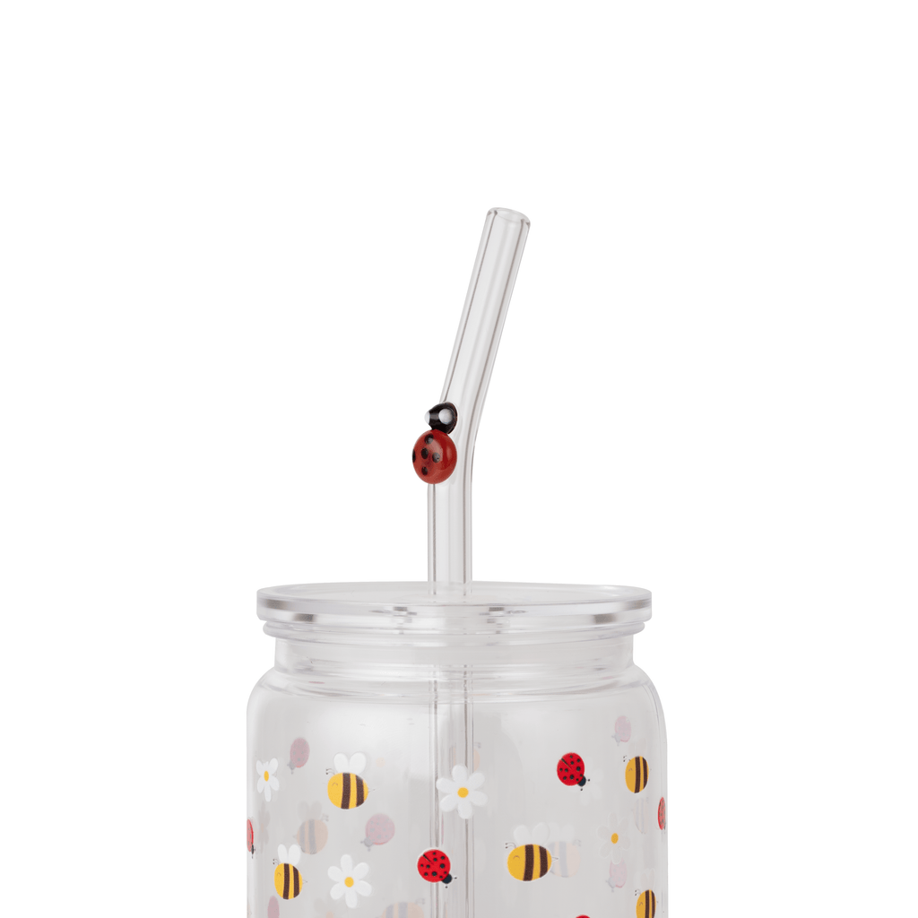 Lady bug glass straw in a bee and daisy glass cup