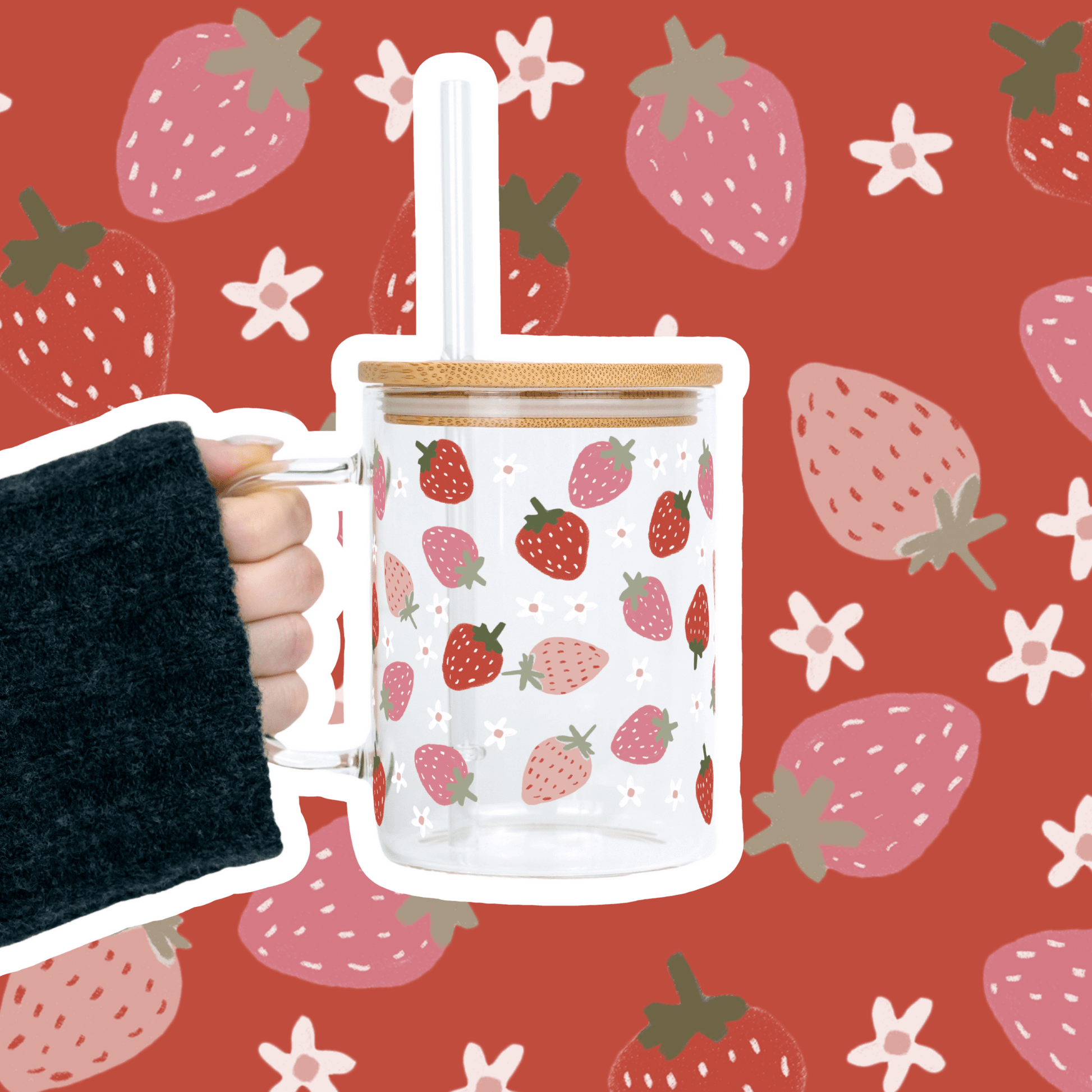 Spring Strawberries 17oz Glass Mug With Lid and Straw from Sip Sip Hooray – Mugs