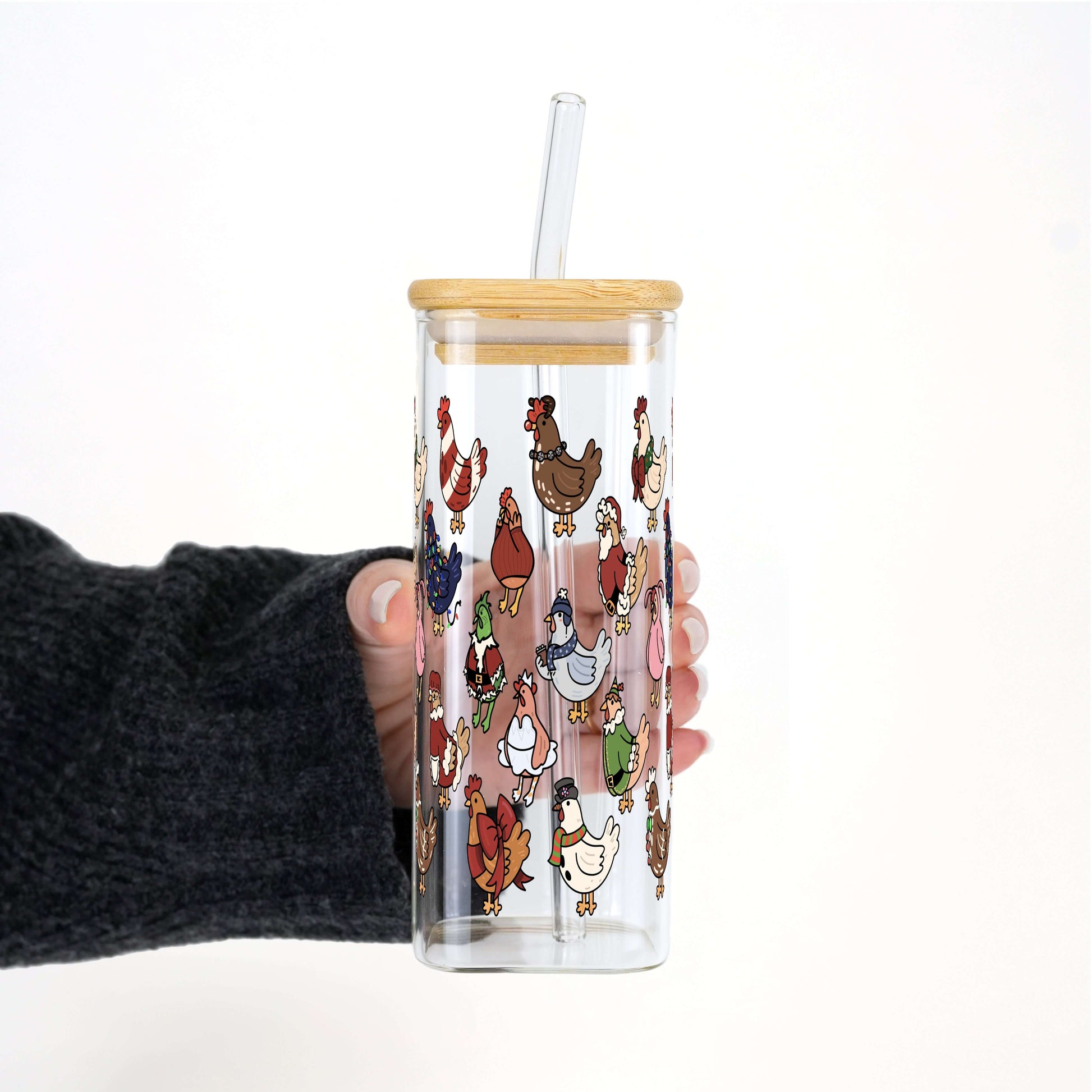 Festive Flock Christmas 16oz Glass Can Cup with Lid & Straw | Sip Sip Hooray