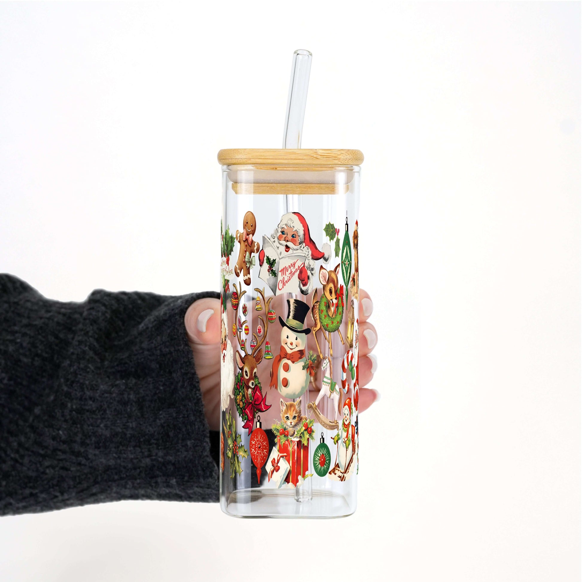 Nostalgic Christmas 16oz Glass Can Cup with Lid & Straw | Sip Sip Hooray