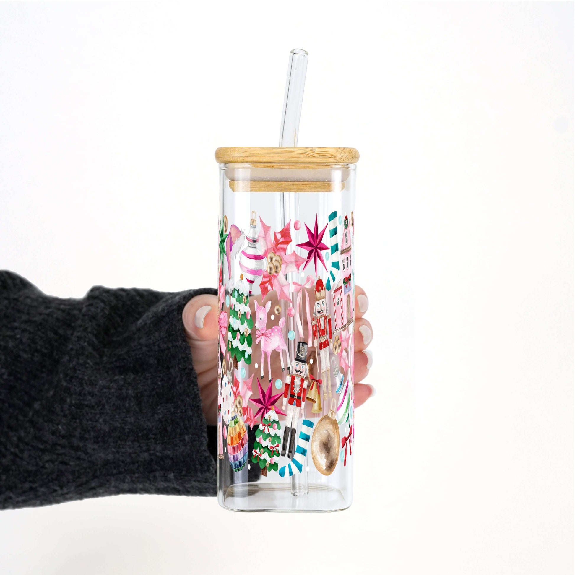 Whimsical Christmas 16oz Glass Can Cup with Lid & Straw | Sip Sip Hooray