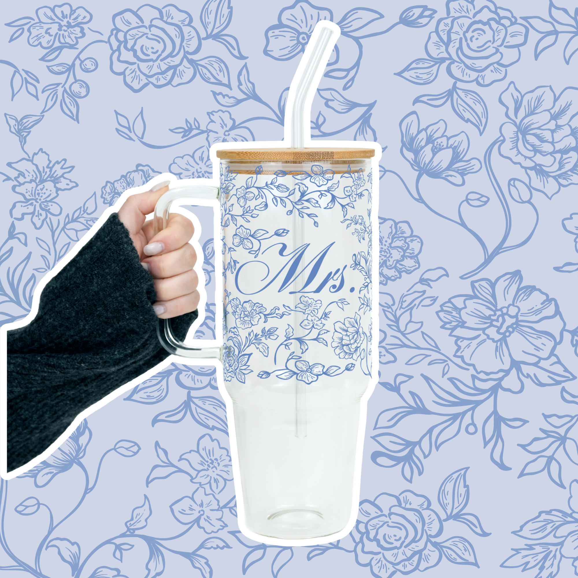 Mrs Chinoiserie Bridal Tumbler With Lid & Straw Non Personalized or Personalized